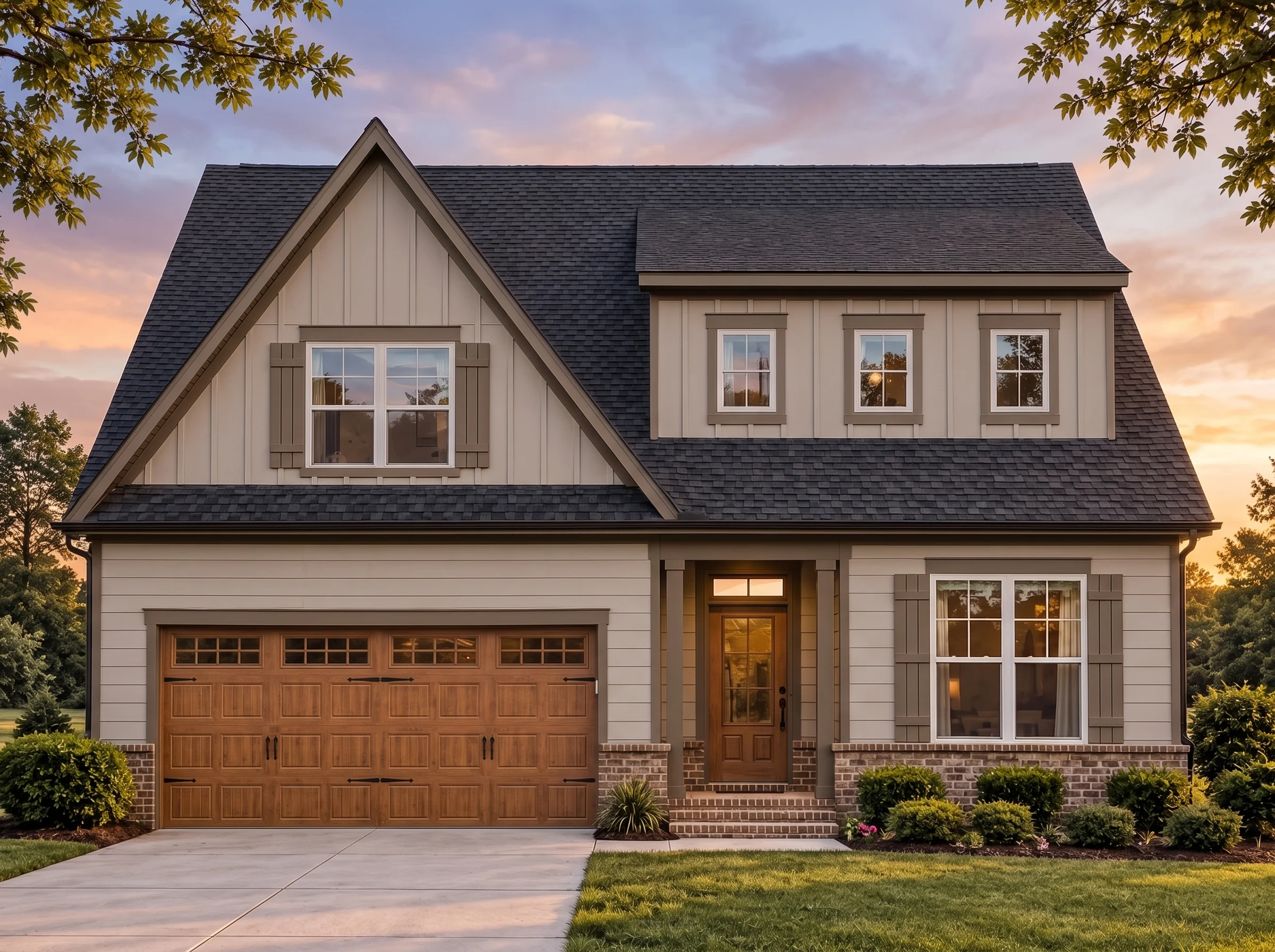 Plan  18-1583 – Aster River Manor |  Traditional Craftsman – 3-Bed, 2.5-Bath, 1,990 SF - Mushroom Taupe, AI-generated exterior concept