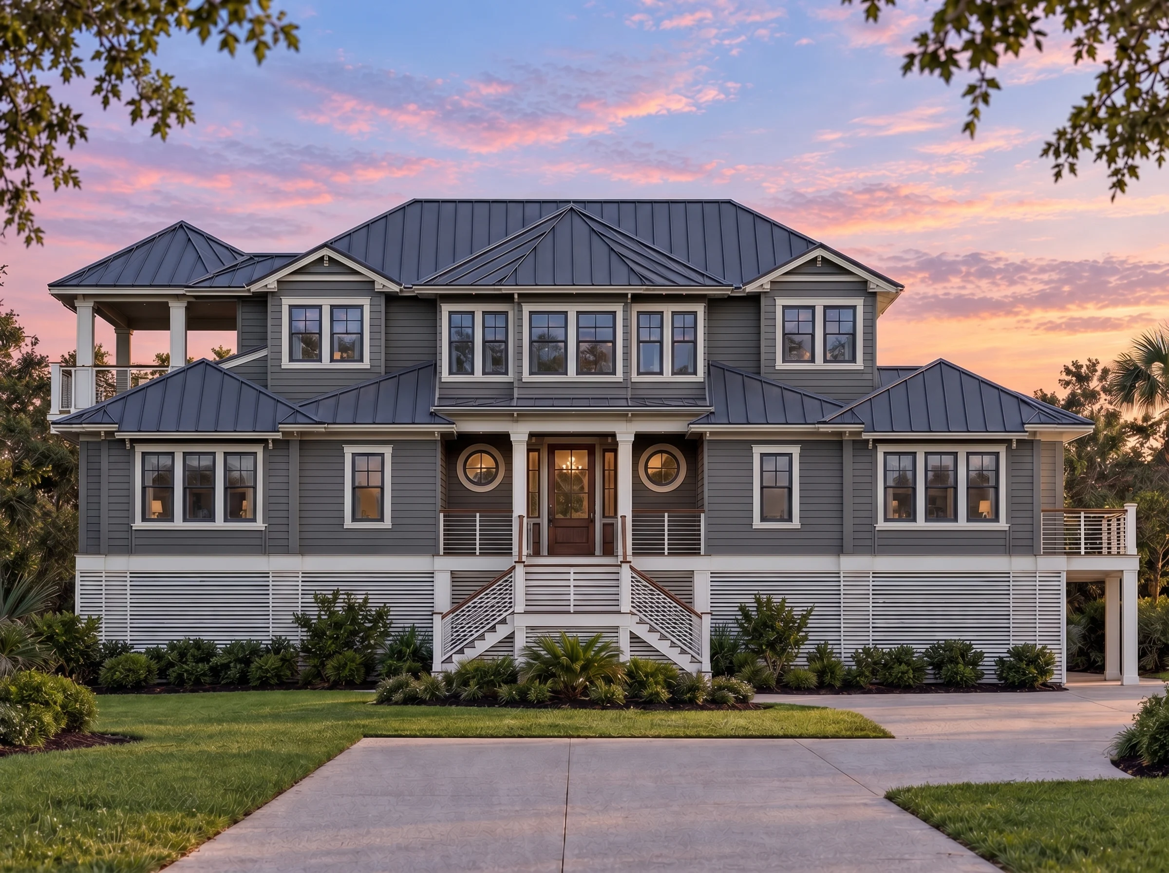 Plan  18-1638 – Aster Grove Manor |  Coastal Traditional – 5-Bed, 4-Bath, 3,784 SF - Warm Charcoal, AI-generated exterior concept