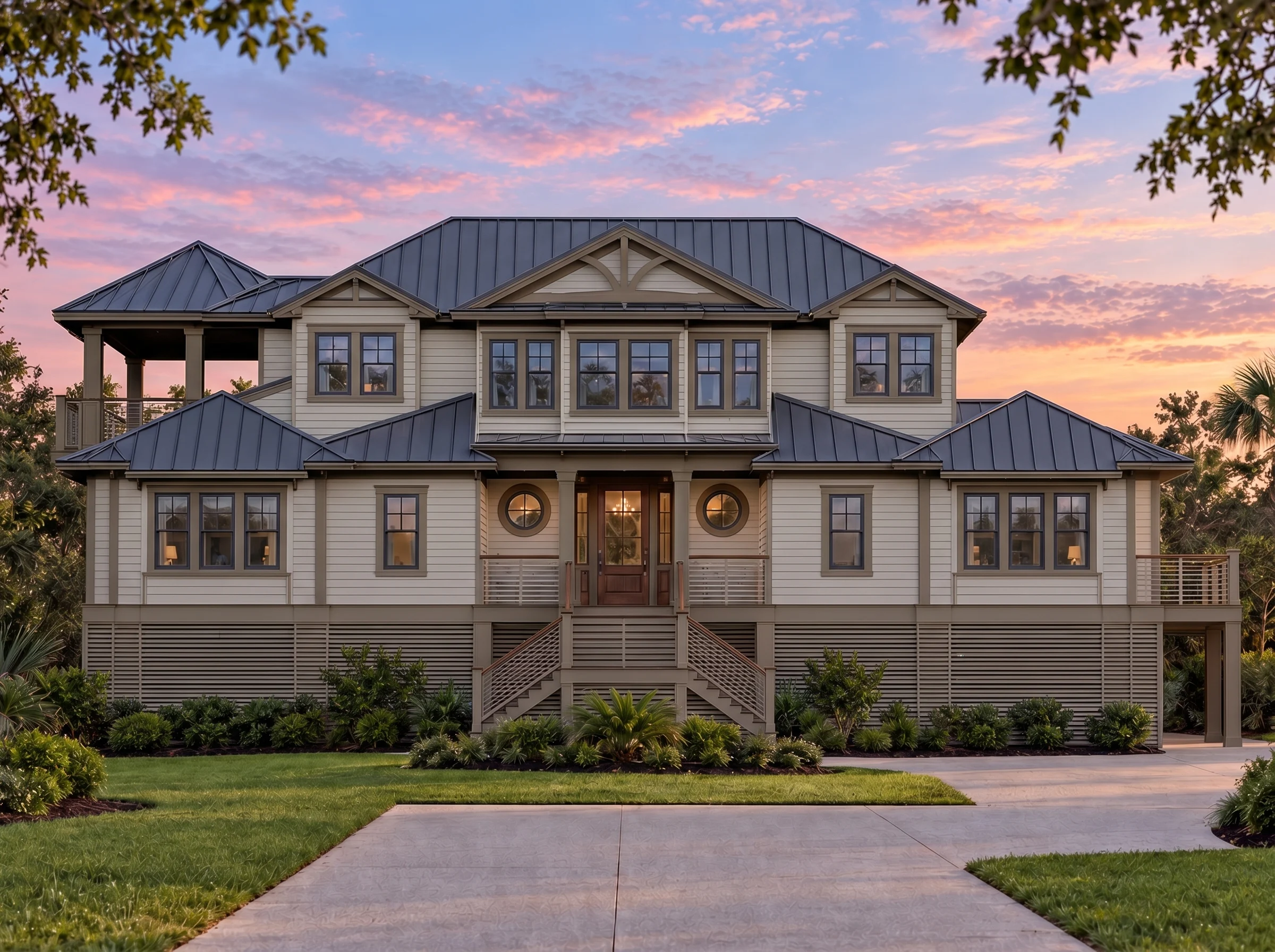 Plan  18-1638 – Aster Grove Manor |  Coastal Traditional – 5-Bed, 4-Bath, 3,784 SF - Mushroom Taupe, AI-generated exterior concept