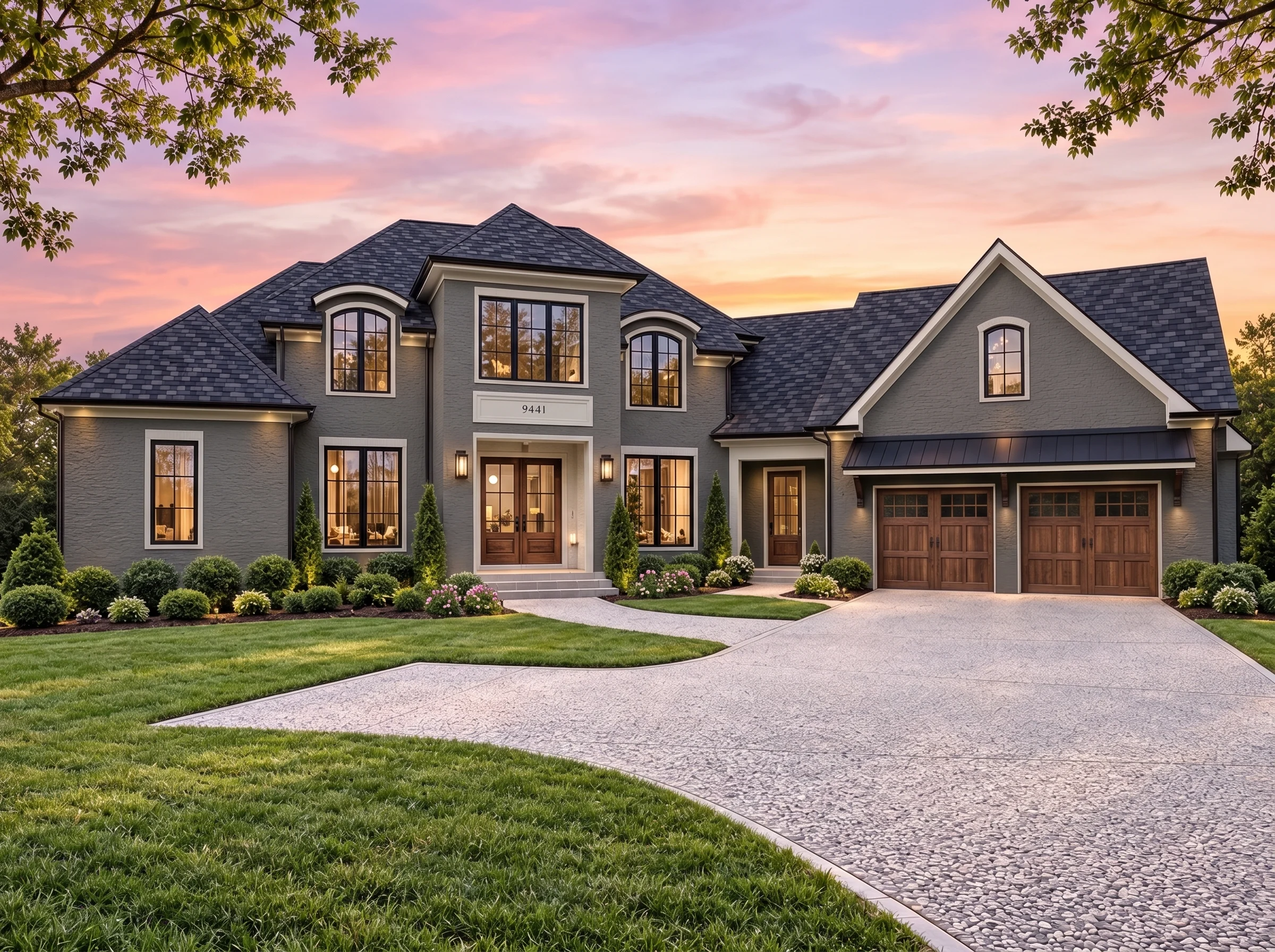 Plan  18-1653 – Aster Ridge Haven |  French Country – 5-Bed, 5-Bath, 6,707 SF - Warm Charcoal, AI-generated exterior concept