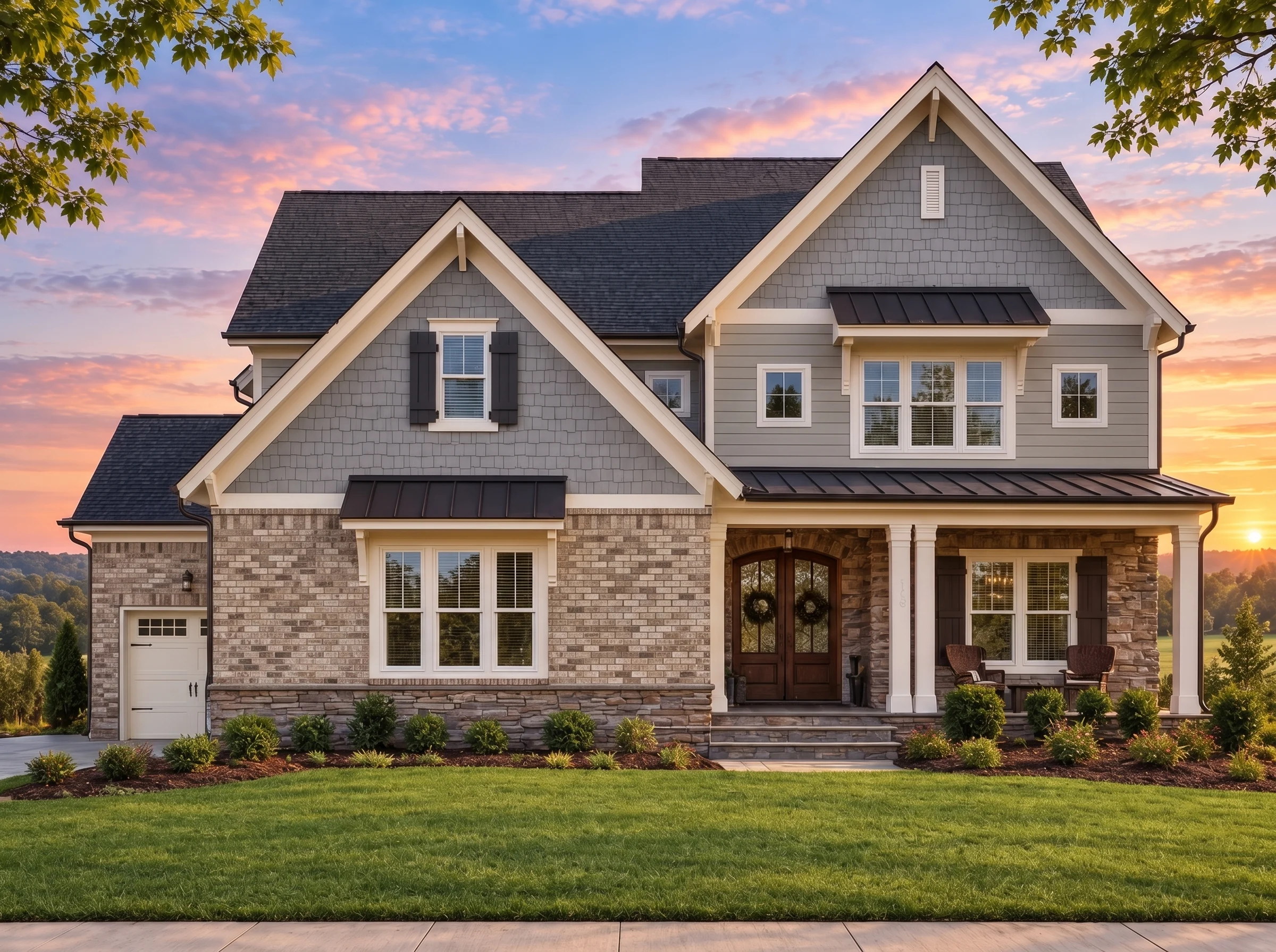 Plan  18-1636B – The Pinnacle Estate  | New American – 5-Bed, 5.5-Bath, 4,163 SF - Natural Brick, AI-generated exterior concept