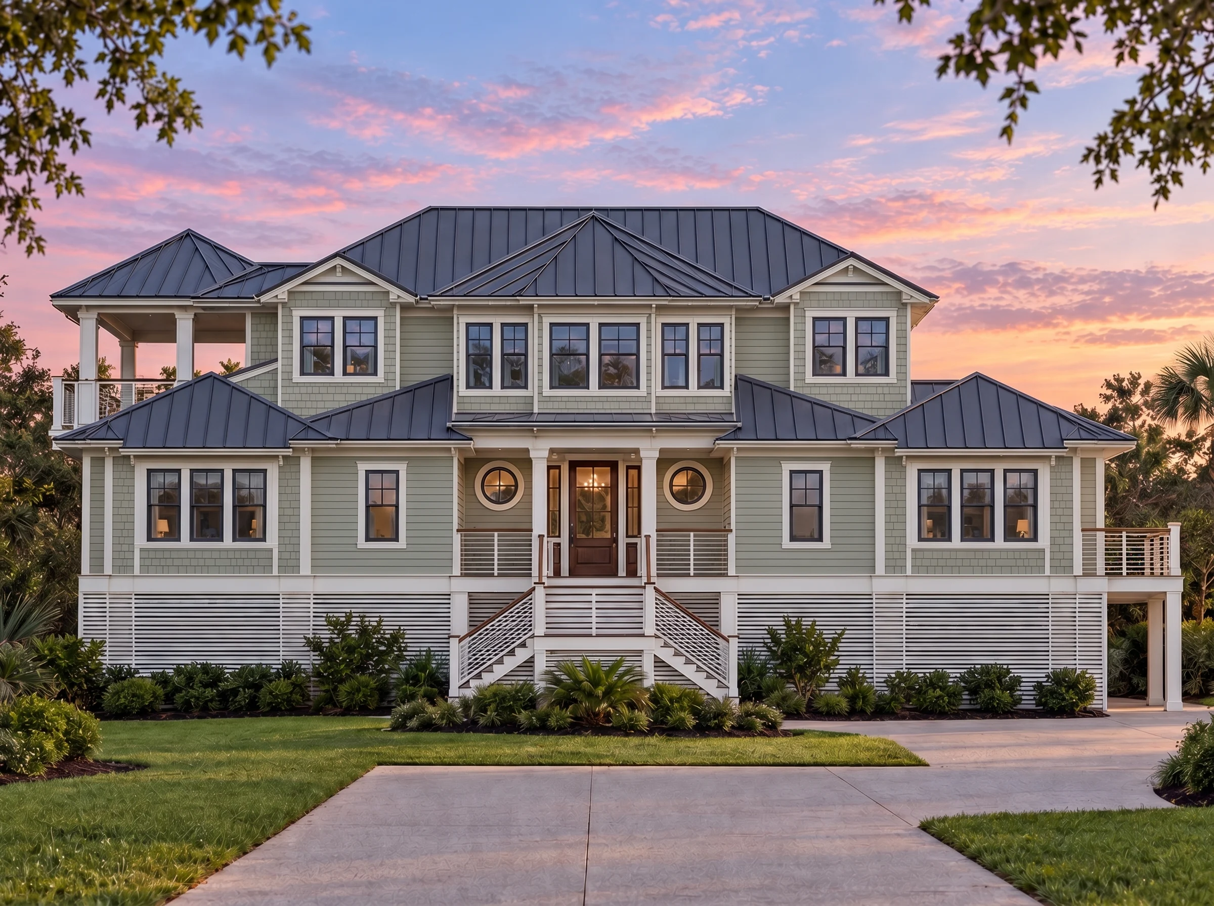 Plan  18-1638 – Aster Grove Manor |  Coastal Traditional – 5-Bed, 4-Bath, 3,784 SF - Muted Sage, AI-generated exterior concept