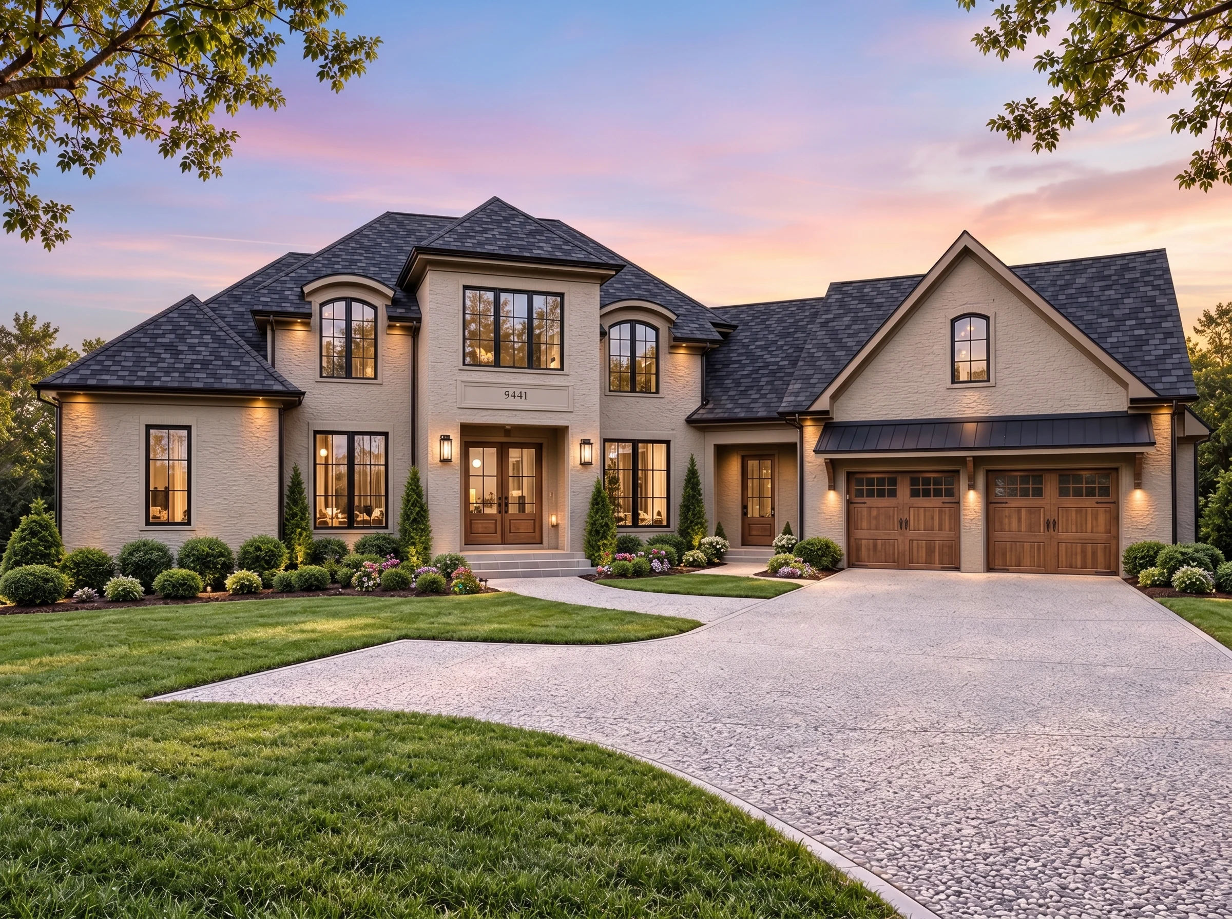 Plan  18-1653 – Aster Ridge Haven |  French Country – 5-Bed, 5-Bath, 6,707 SF - Mushroom Taupe, AI-generated exterior concept