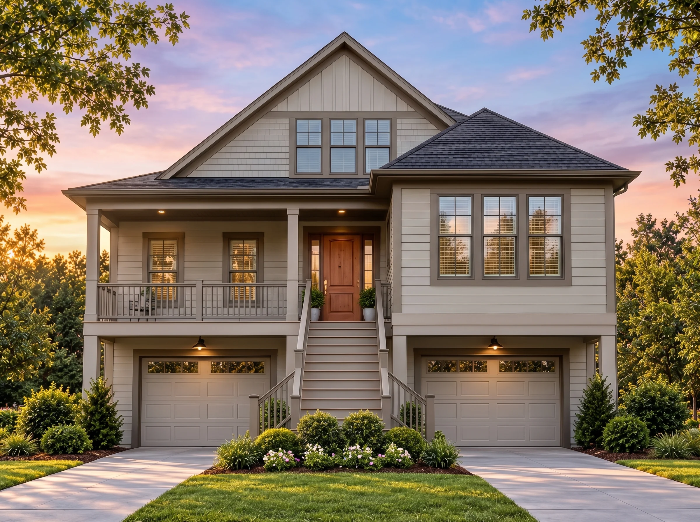 Plan  18-1674 – Palmetto Lowcountry  | Coastal – 3-Bed, 3-Bath, 2,938 SF - Mushroom Taupe, AI-generated exterior concept