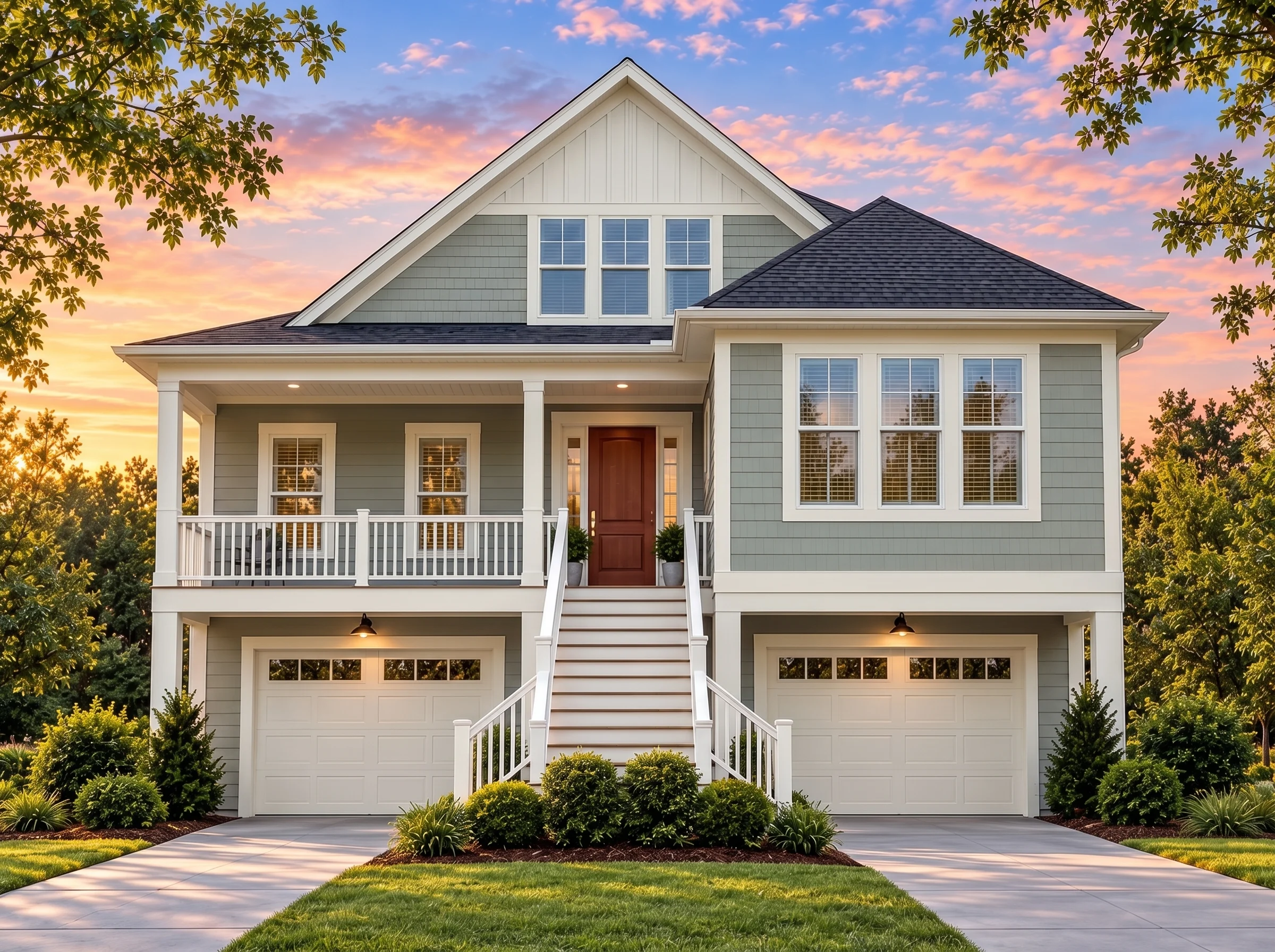 Plan  18-1674 – Palmetto Lowcountry  | Coastal – 3-Bed, 3-Bath, 2,938 SF - Muted Sage, AI-generated exterior concept