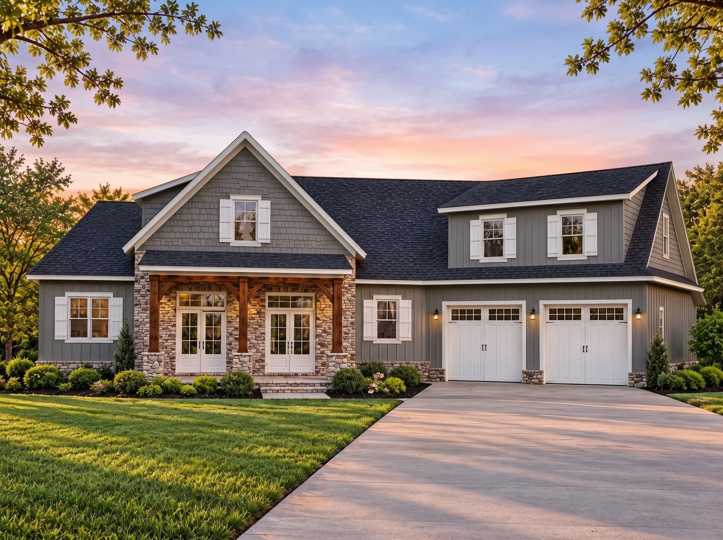 Plan  18-1865 – Martinez Lodge |  Modern Farmhouse – 3-Bed, 2.5-Bath, 1,642 SF - Warm Charcoal, AI-generated exterior concept