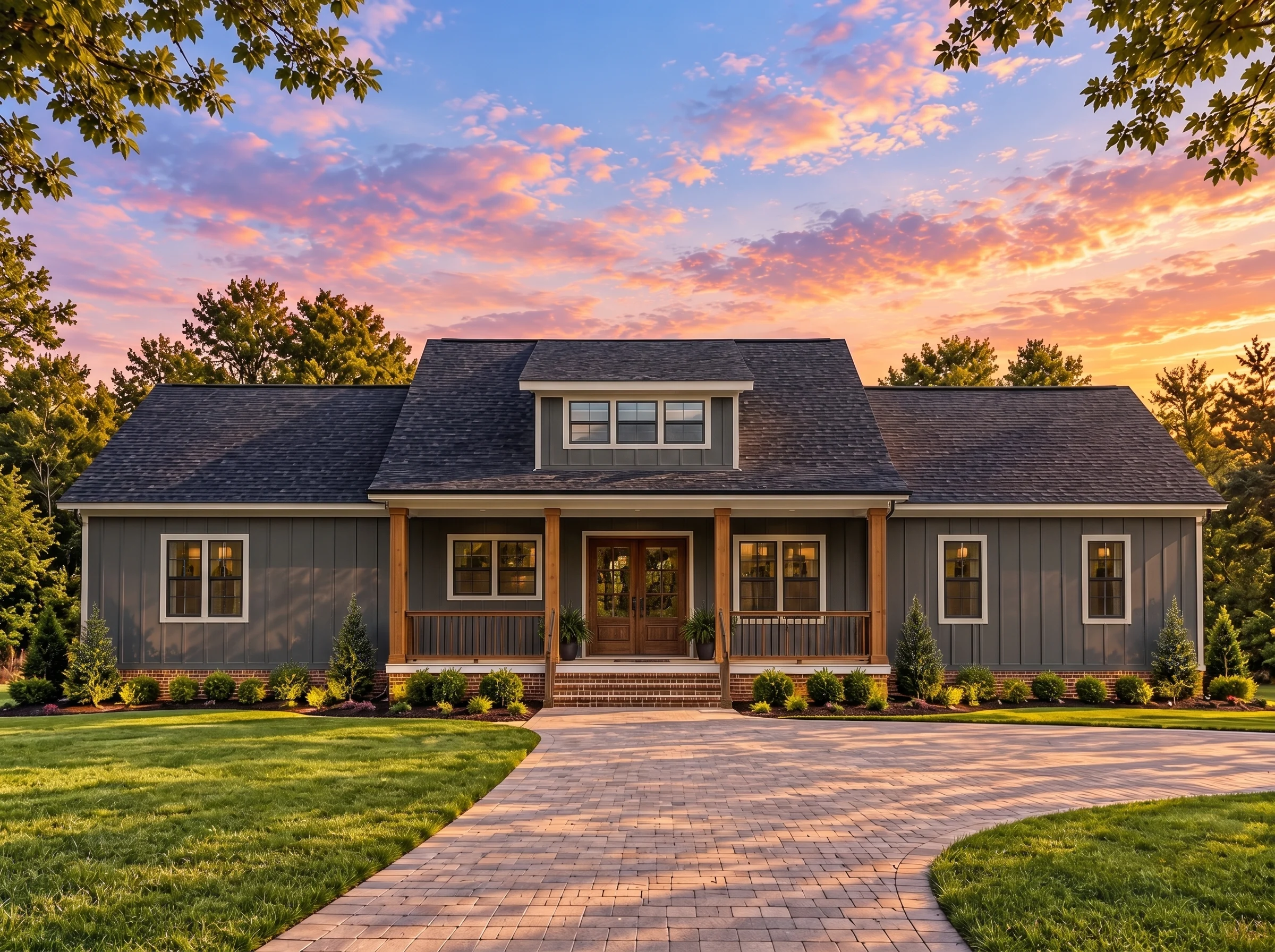 Plan  18-1867 – Aster Cove Farmhouse  | Traditional Ranch – 5-Bed, 2-Bath, 2,807 SF - Warm Charcoal, AI-generated exterior concept