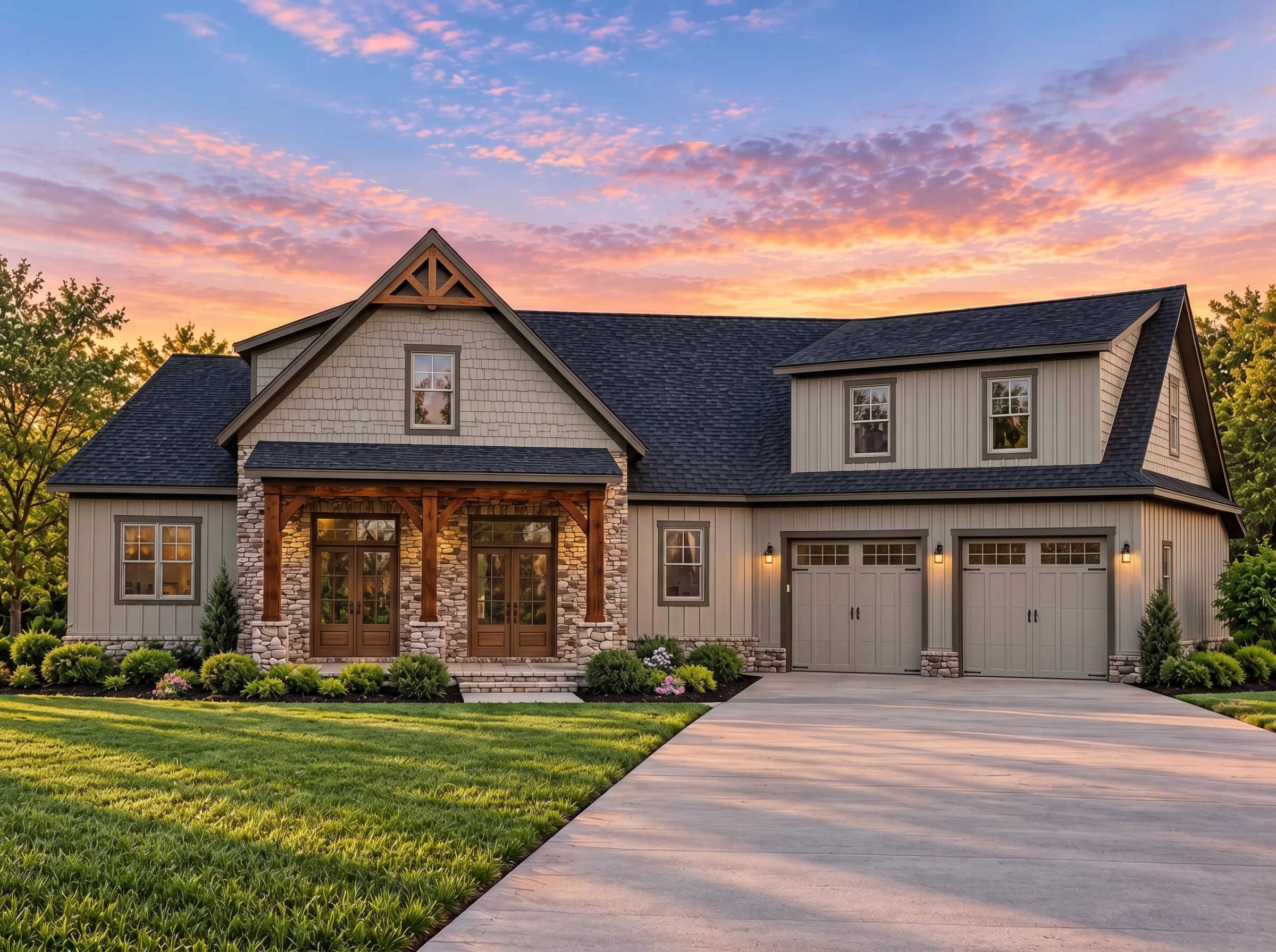 Plan  18-1865 – Martinez Lodge |  Modern Farmhouse – 3-Bed, 2.5-Bath, 1,642 SF - Mushroom Taupe, AI-generated exterior concept