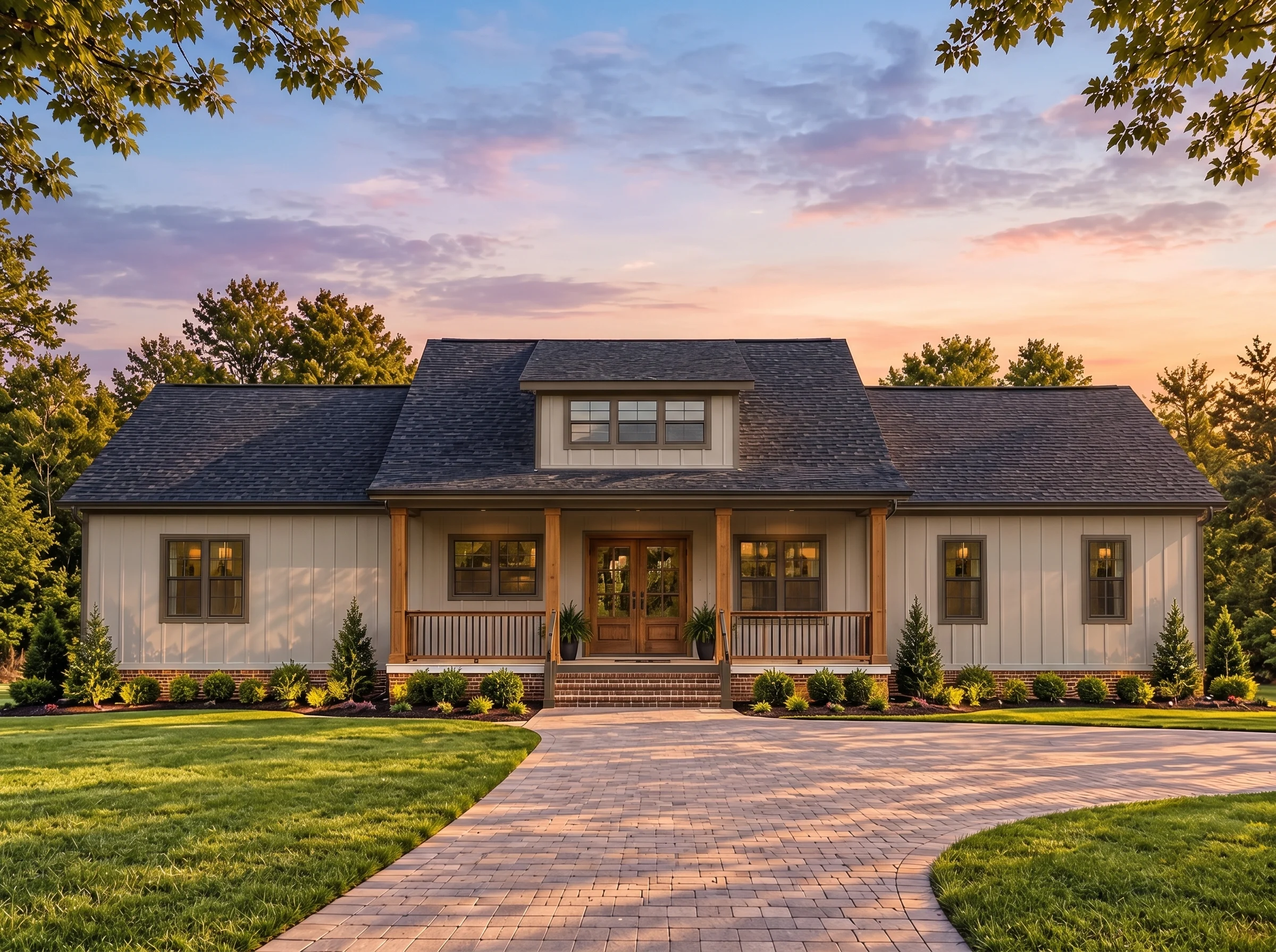 Plan  18-1867 – Aster Cove Farmhouse  | Traditional Ranch – 5-Bed, 2-Bath, 2,807 SF - Mushroom Taupe, AI-generated exterior concept
