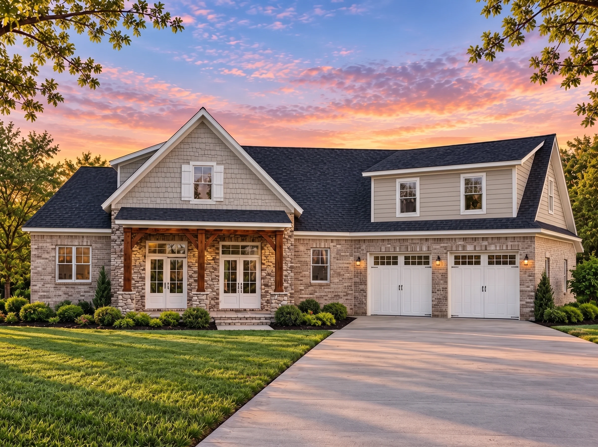 Plan  18-1865 – Martinez Lodge |  Modern Farmhouse – 3-Bed, 2.5-Bath, 1,642 SF - Natural Brick, AI-generated exterior concept