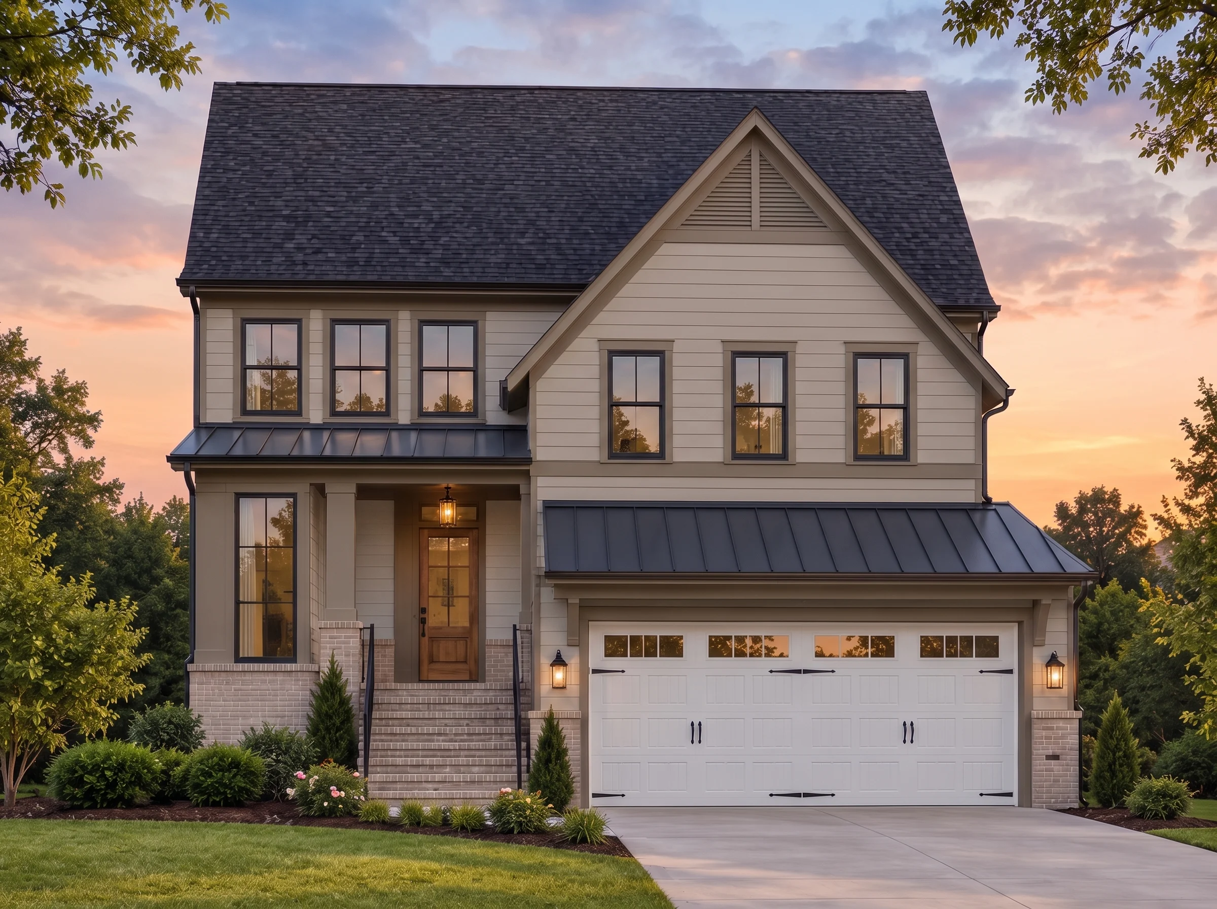 Plan  18-1822 – Arizona Plateau |  New American – 4-Bed, 3.5-Bath, 2,708 SF - Mushroom Taupe, AI-generated exterior concept