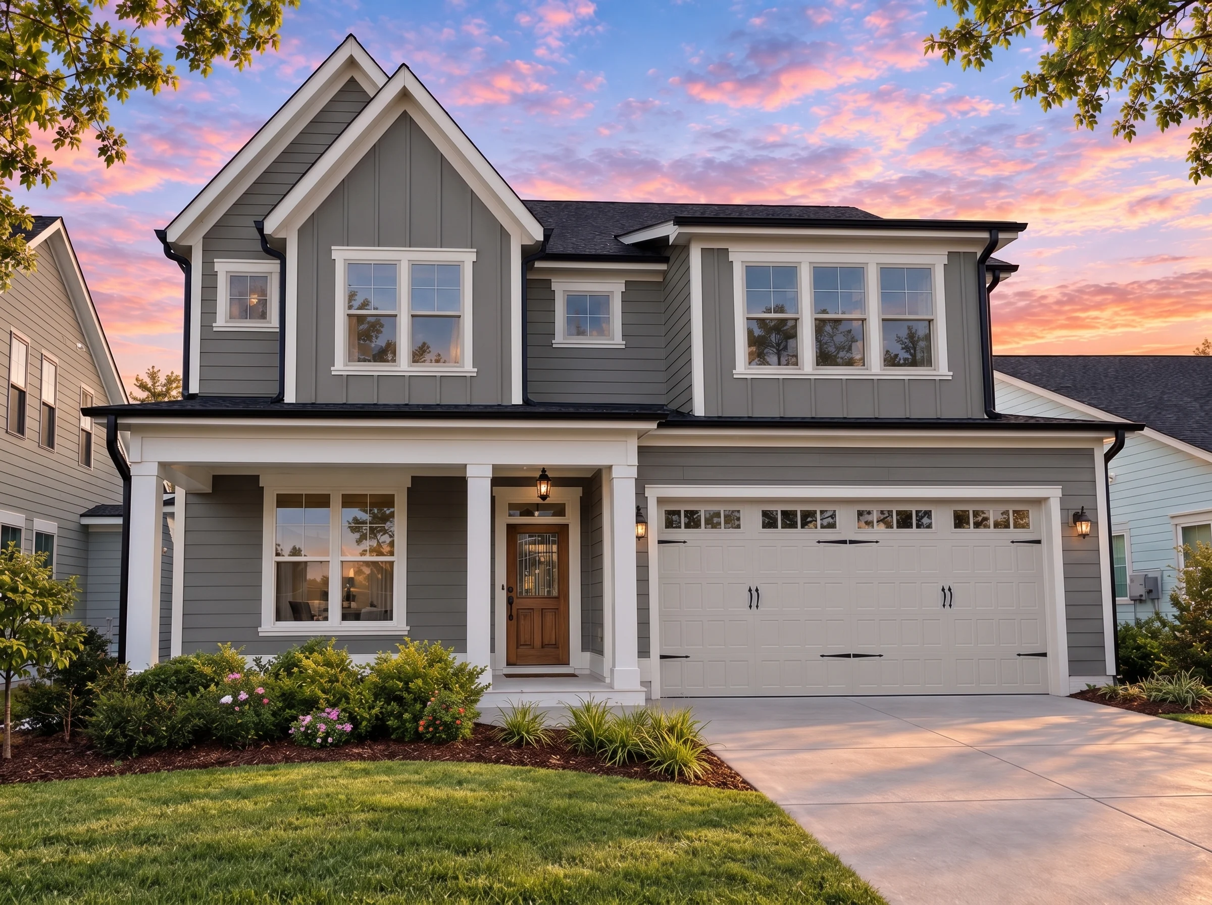 Plan  18-1807 – The Martin House |  Modern Farmhouse – 3-Bed, 4-Bath, 2,262 SF - Warm Charcoal, AI-generated exterior concept