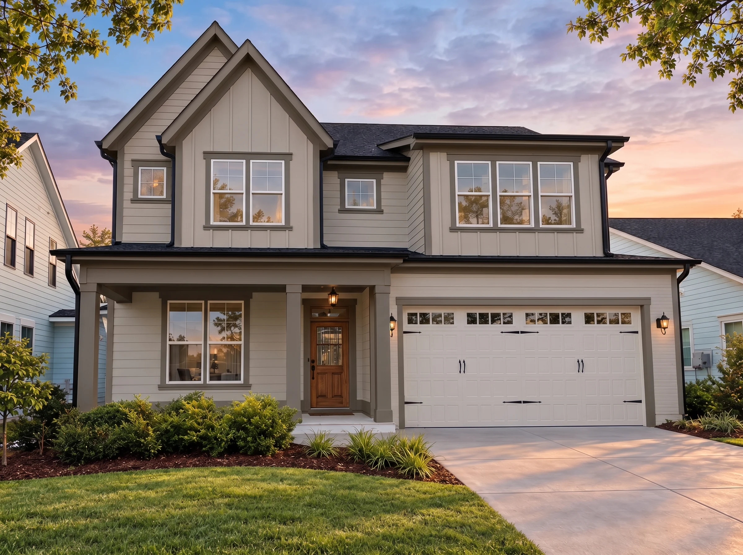 Plan  18-1807 – The Martin House |  Modern Farmhouse – 3-Bed, 4-Bath, 2,262 SF - Mushroom Taupe, AI-generated exterior concept