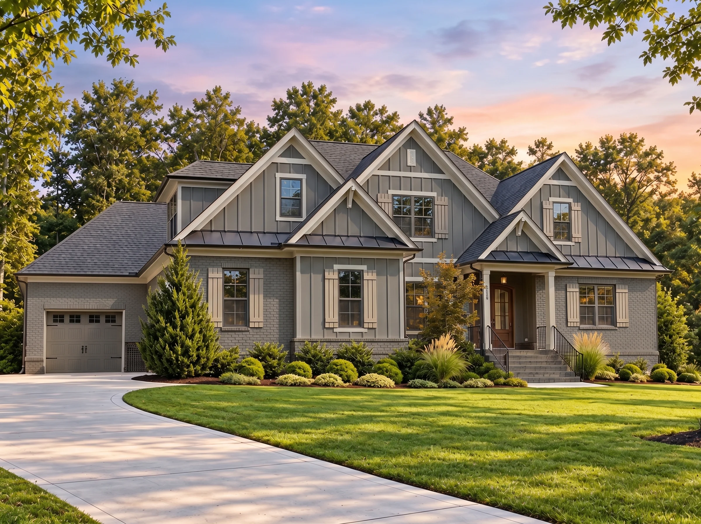 Plan  18-1741 – Auburn Glen Residence  | New American – 4-Bed, 4.5-Bath, 4,100 SF - Warm Charcoal, AI-generated exterior concept