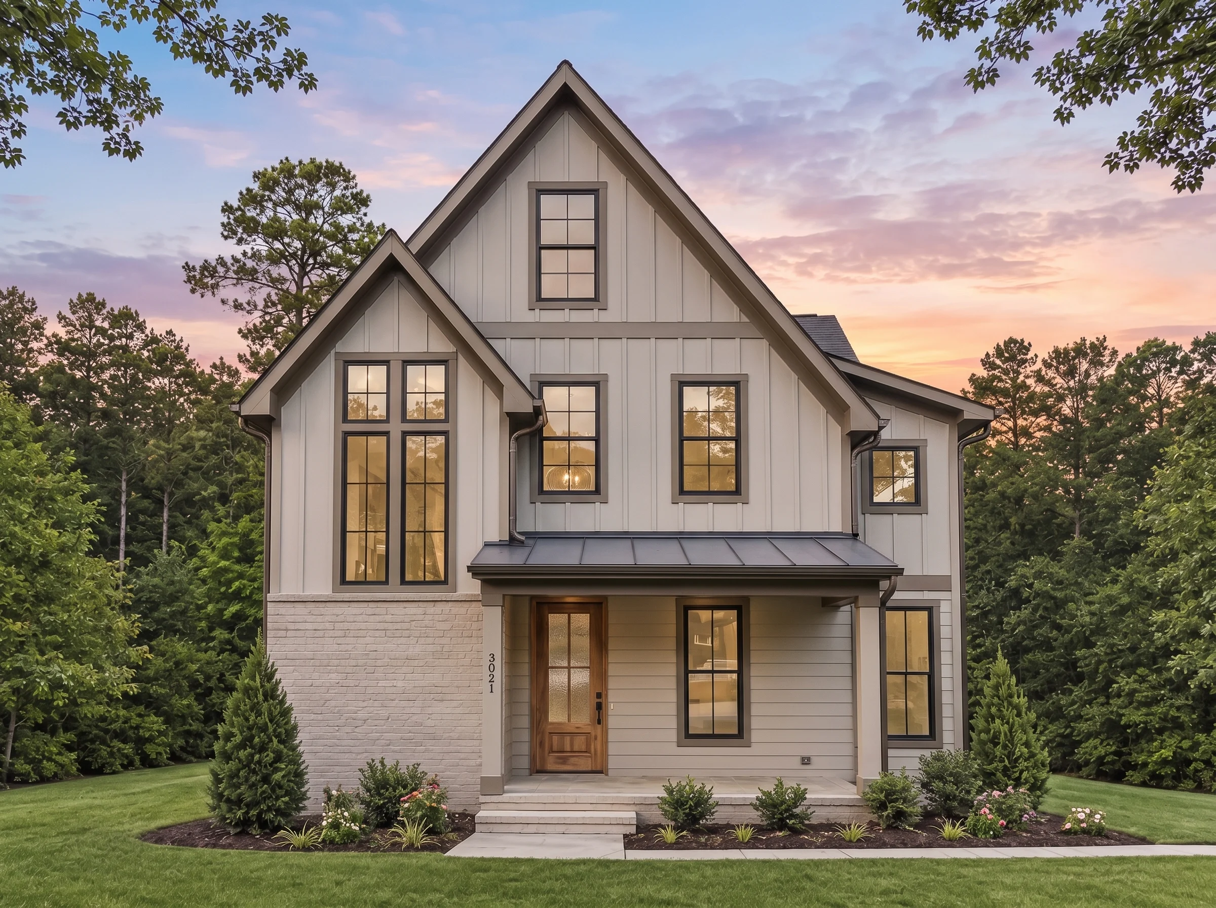 Plan  18-1770 – Lilac Cottage |  Modern Farmhouse – 4-Bed, 4-Bath, 3,568 SF - Mushroom Taupe, AI-generated exterior concept
