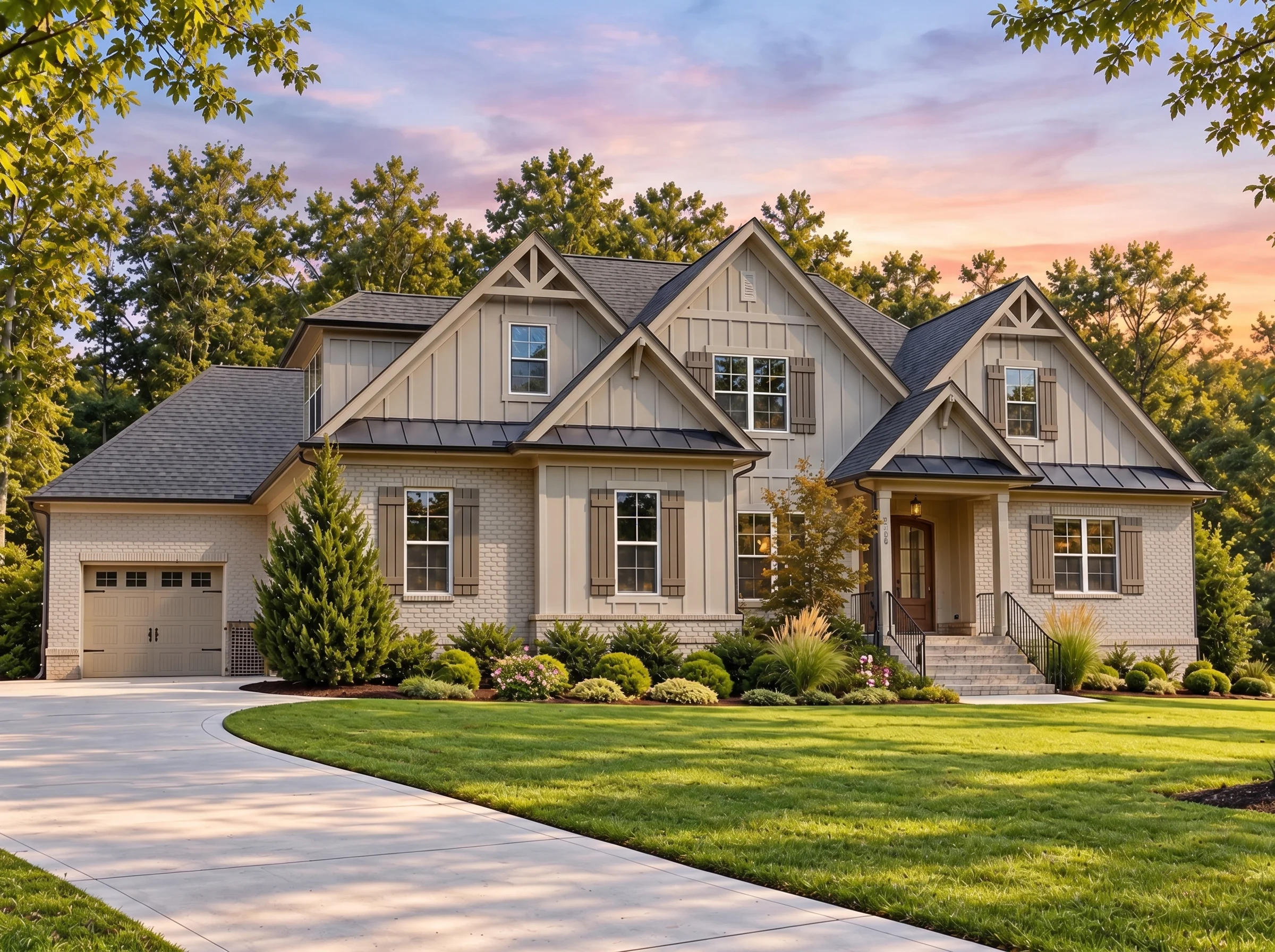 Plan  18-1741 – Auburn Glen Residence  | New American – 4-Bed, 4.5-Bath, 4,100 SF - Mushroom Taupe, AI-generated exterior concept
