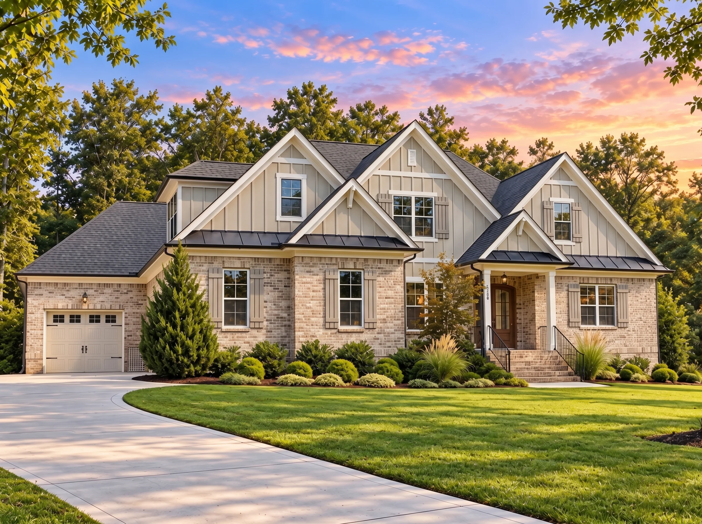 Plan  18-1741 – Auburn Glen Residence  | New American – 4-Bed, 4.5-Bath, 4,100 SF - Natural Brick, AI-generated exterior concept