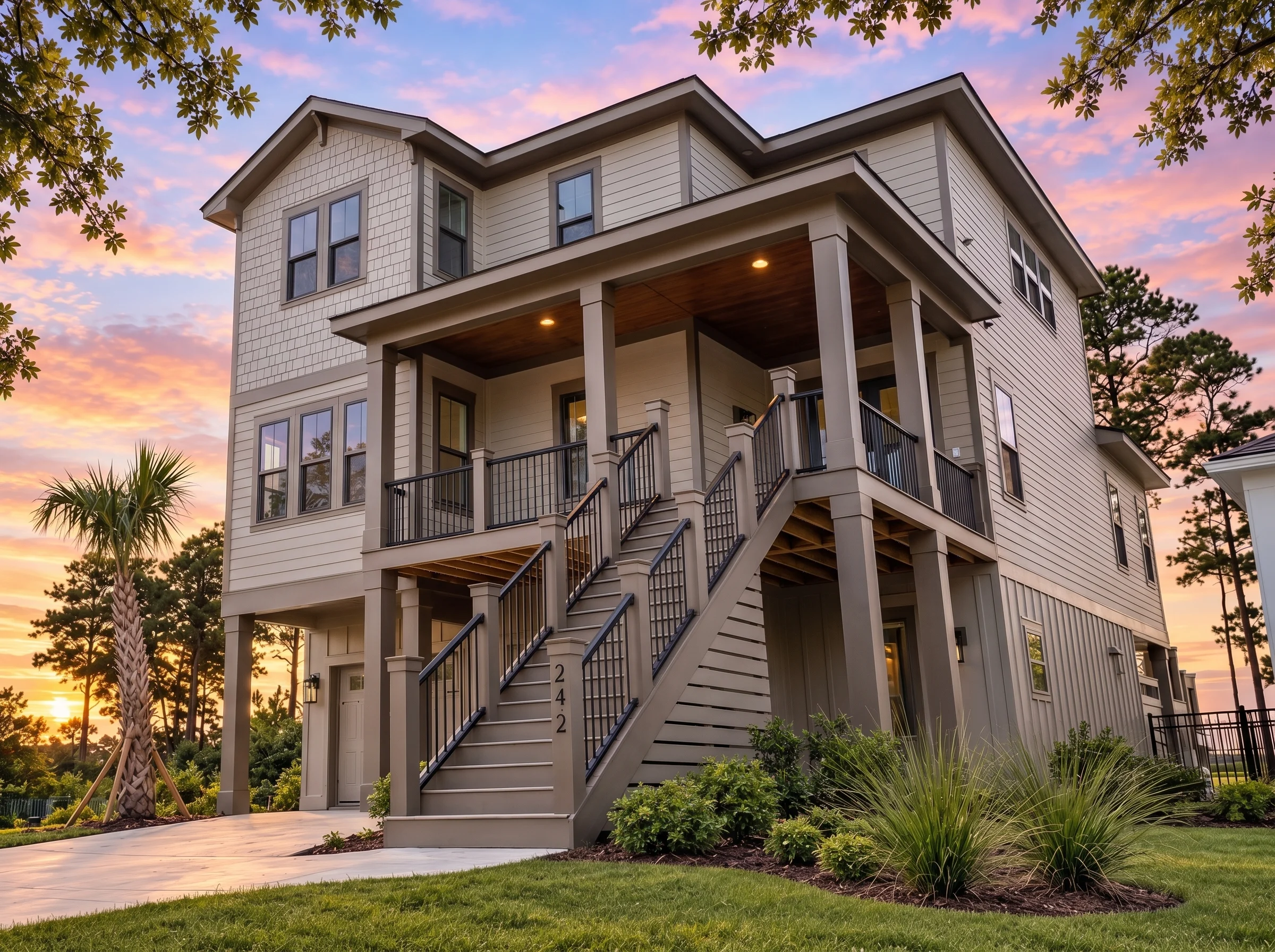 Plan  18-1726 – Auburn View Chalet |  Coastal – 4-Bed, 3.5-Bath, 2,665 SF - Mushroom Taupe, AI-generated exterior concept