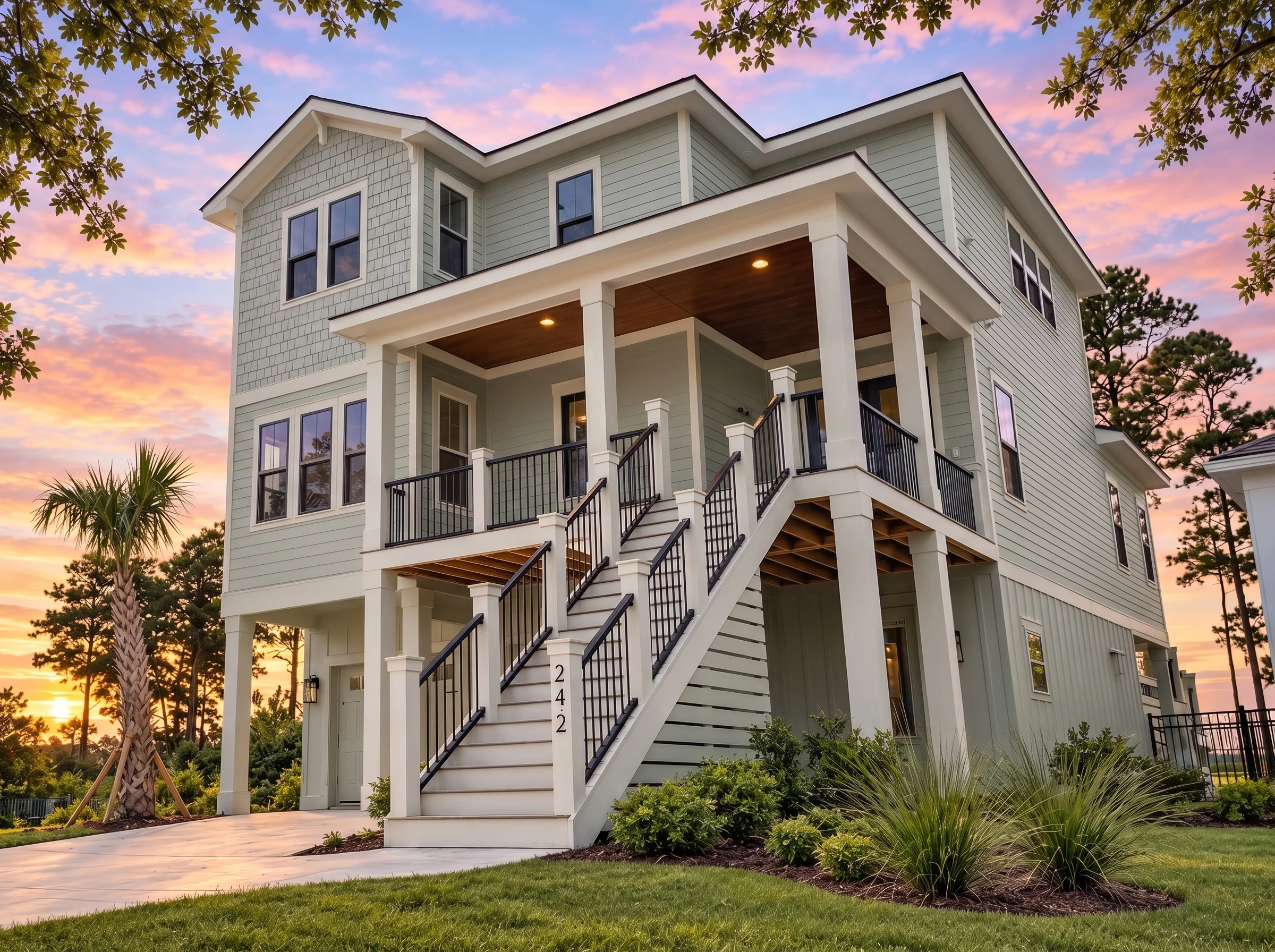 Plan  18-1726 – Auburn View Chalet |  Coastal – 4-Bed, 3.5-Bath, 2,665 SF - Muted Sage, AI-generated exterior concept