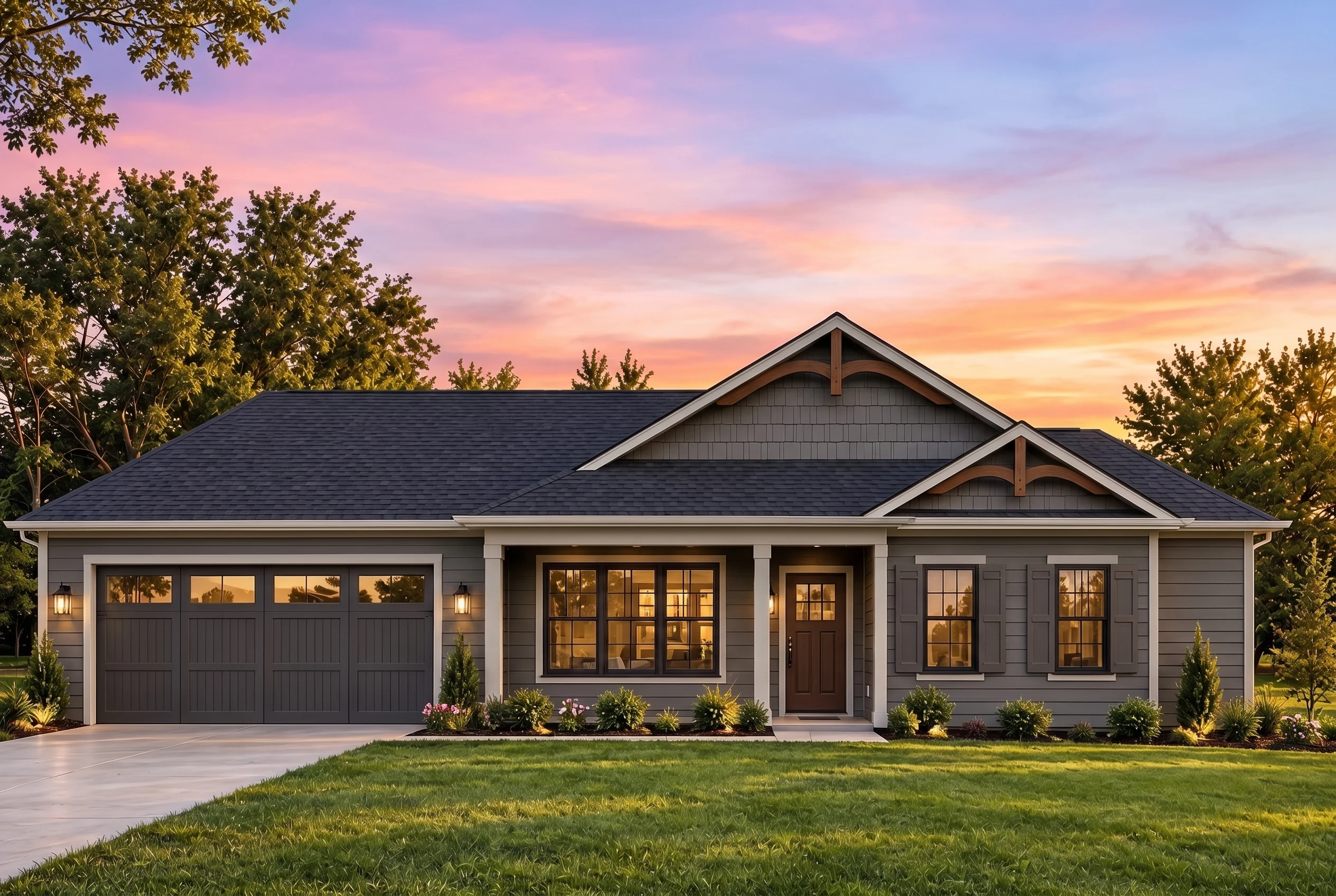 Plan  18-1699 – Aster Meadow Place |  Traditional Ranch – 3-Bed, 2-Bath, 1,757 SF - Warm Charcoal, AI-generated exterior concept