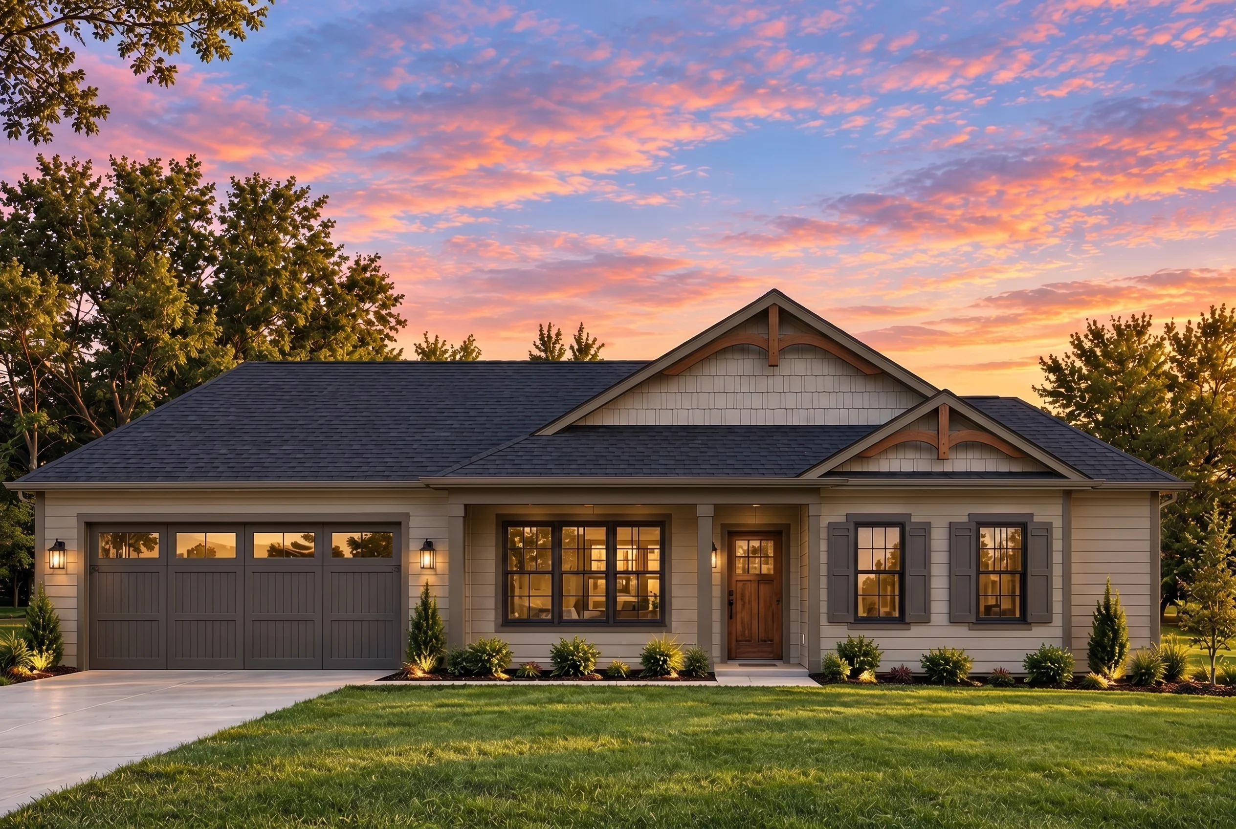 Plan  18-1699 – Aster Meadow Place |  Traditional Ranch – 3-Bed, 2-Bath, 1,757 SF - Mushroom Taupe, AI-generated exterior concept