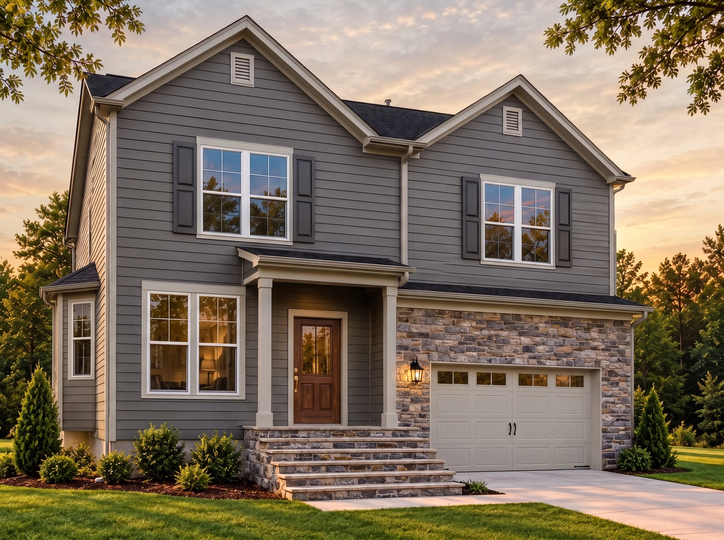 Plan  18-1911 – Auburn Brook Residence  | New American – 5-Bed, 3.5-Bath, 4,773 SF - Warm Charcoal, AI-generated exterior concept