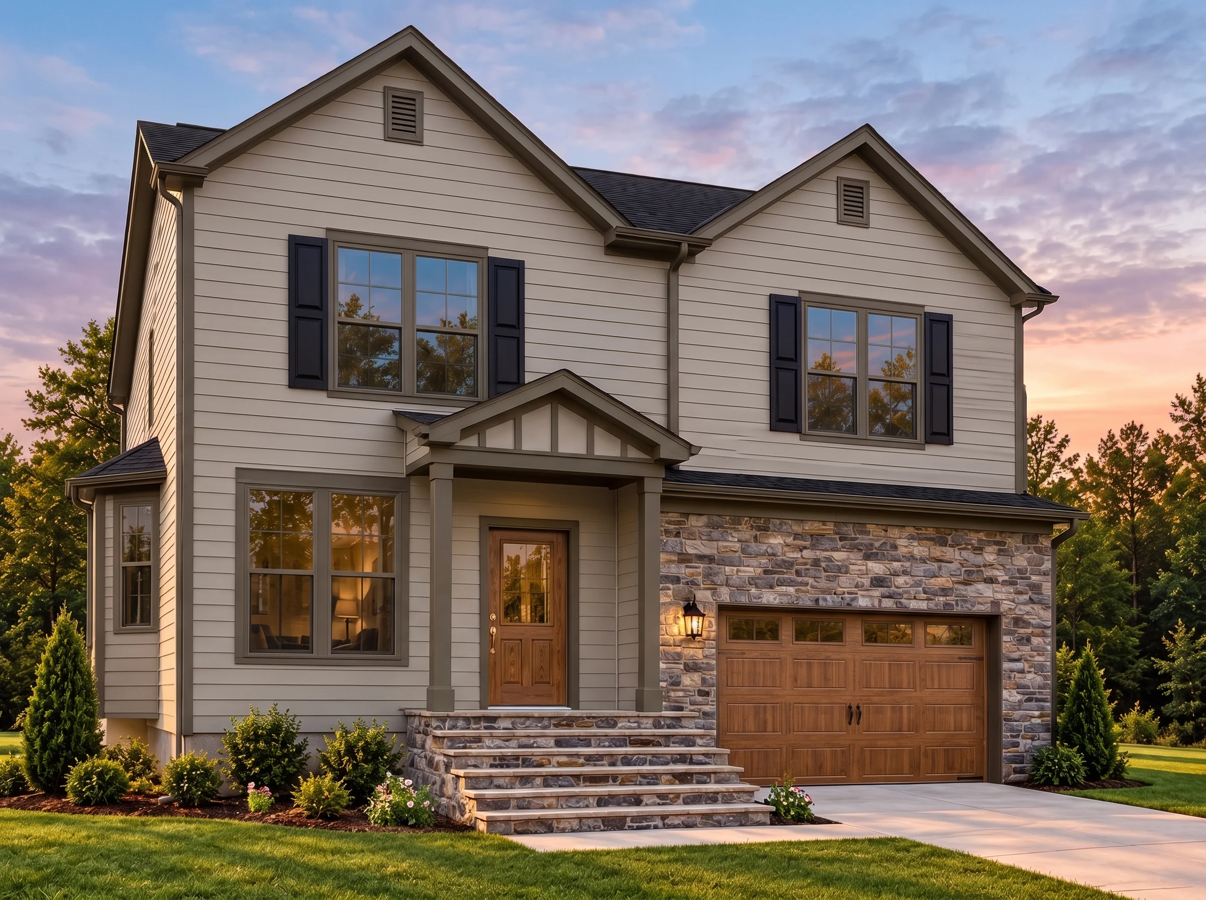 Plan  18-1911 – Auburn Brook Residence  | New American – 5-Bed, 3.5-Bath, 4,773 SF - Mushroom Taupe, AI-generated exterior concept