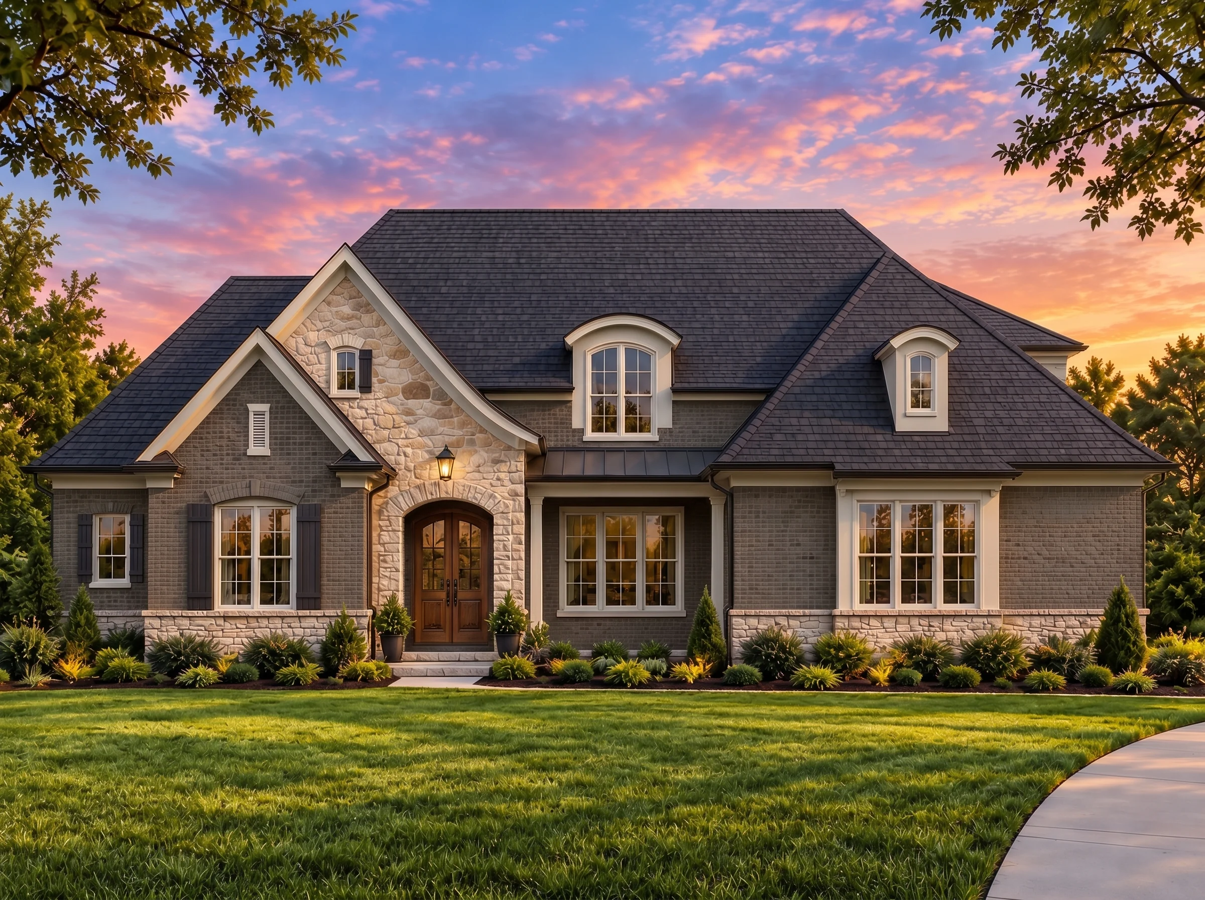 Plan  18-1940 – Aster Fork Retreat |  New American – 5-Bed, 5-Bath, 5,199 SF - Warm Charcoal, AI-generated exterior concept