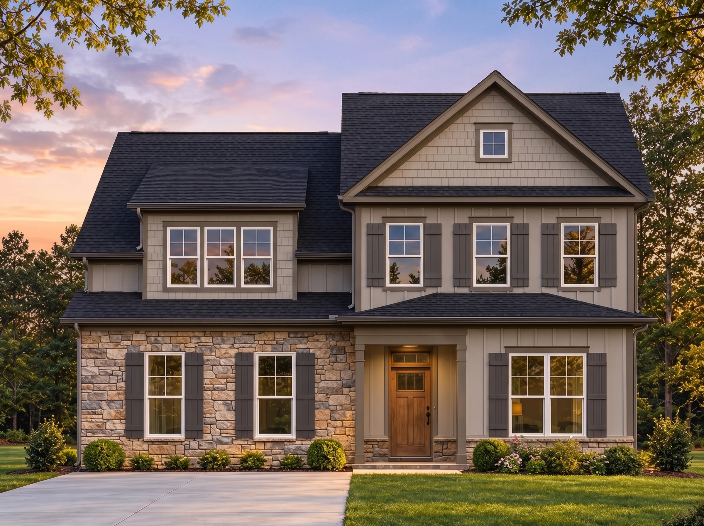 Plan  18-1975 – Auburn Bend Retreat  | Traditional Colonial – 3-Bed, 2-Bath, 2,123 SF - Mushroom Taupe, AI-generated exterior concept