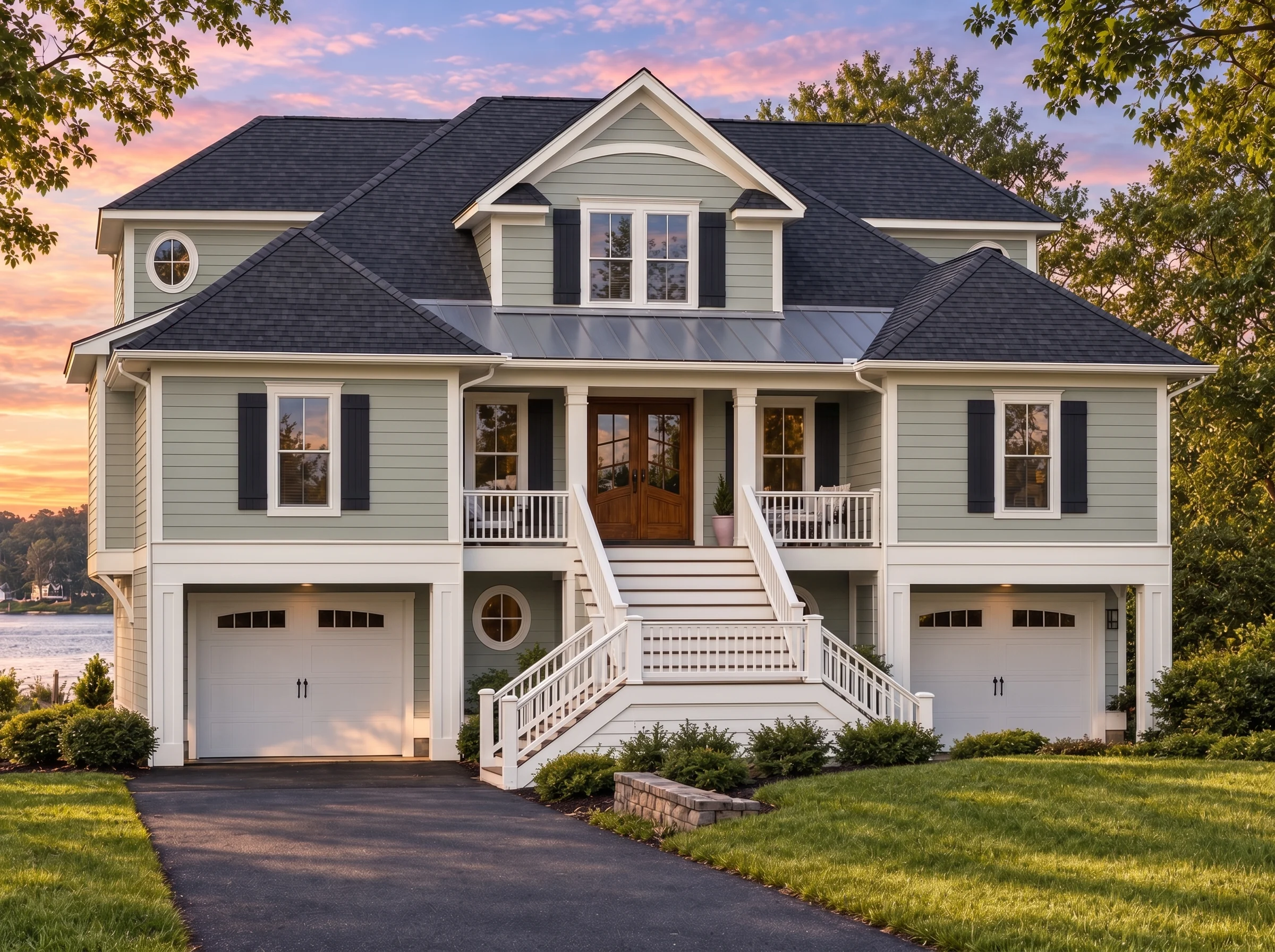 Plan  18-2017 – Walker Meadow |  Coastal – 5-Bed, 3.5-Bath, 4,670 SF - Muted Sage, AI-generated exterior concept