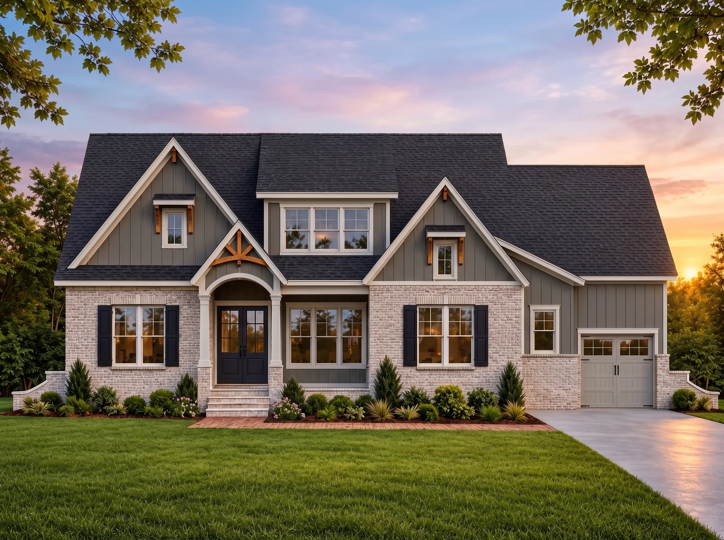 Plan  18-2036 – The Pulse | Modern  Farmhouse – 5-Bed, 4.5-Bath, 3,892 SF - Warm Charcoal, AI-generated exterior concept