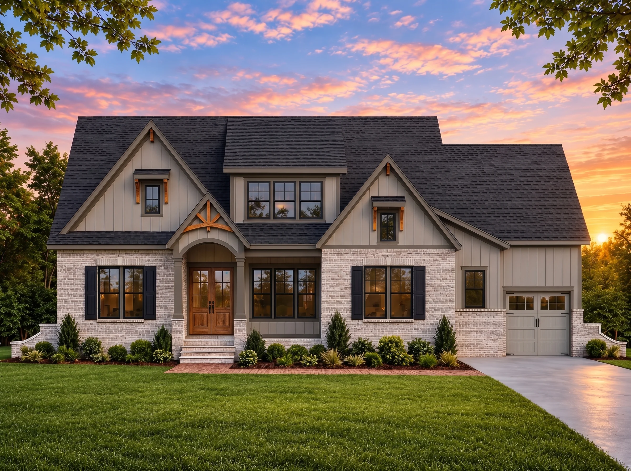 Plan  18-2036 – The Pulse | Modern  Farmhouse – 5-Bed, 4.5-Bath, 3,892 SF - Mushroom Taupe, AI-generated exterior concept