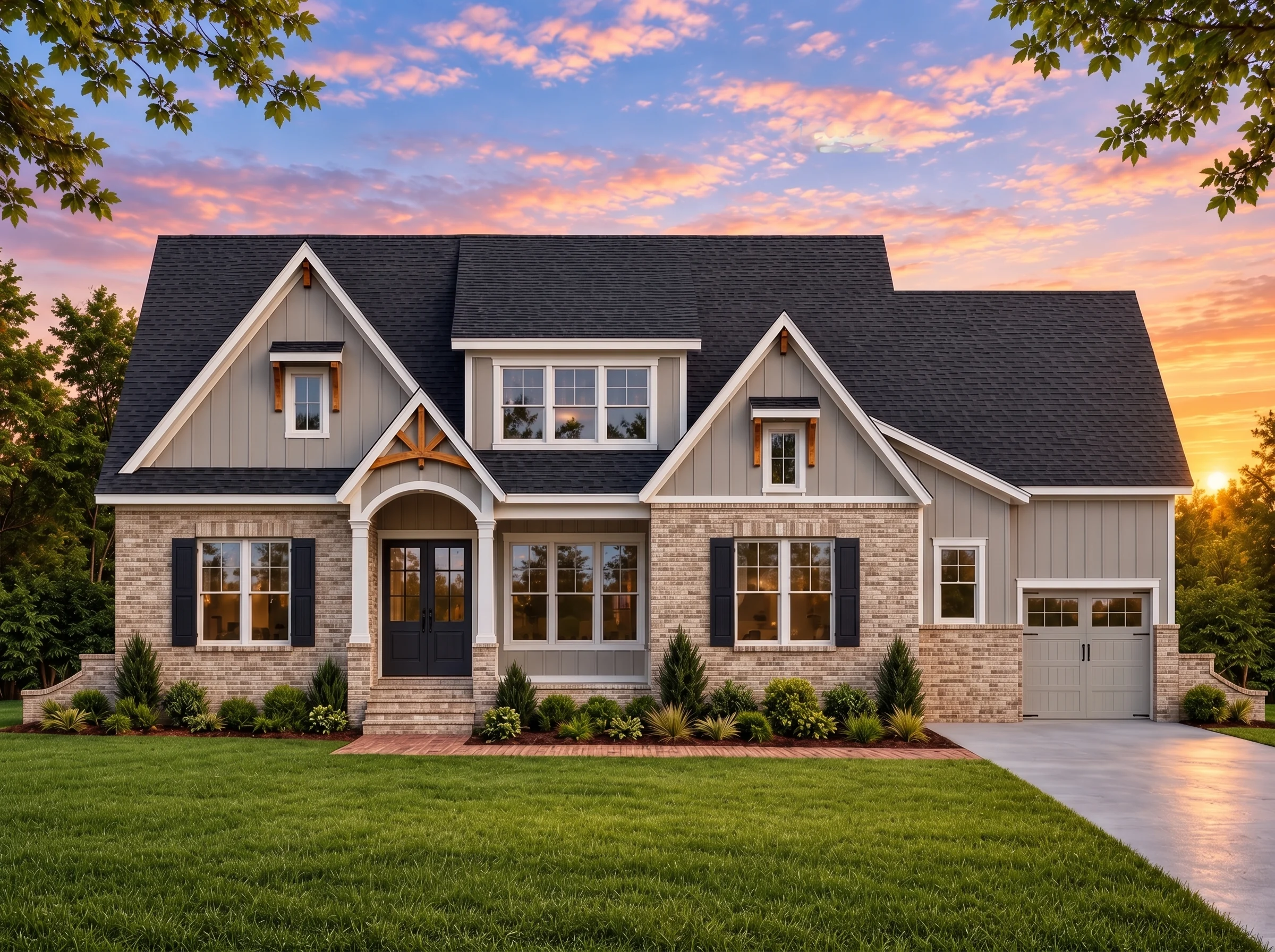 Plan  18-2036 – The Pulse | Modern  Farmhouse – 5-Bed, 4.5-Bath, 3,892 SF - Natural Brick, AI-generated exterior concept
