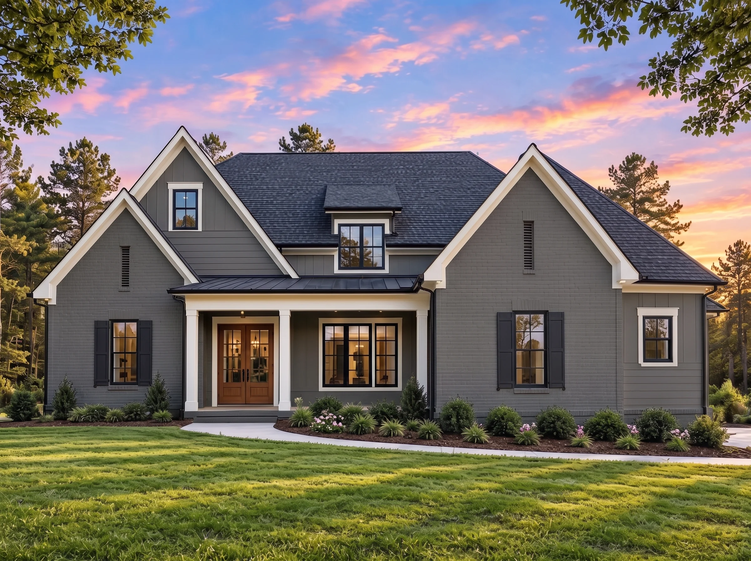 Plan  18-2081 – Mississippi Basin |  New American – 4-Bed, 4.5-Bath, 3,053 SF - Warm Charcoal, AI-generated exterior concept