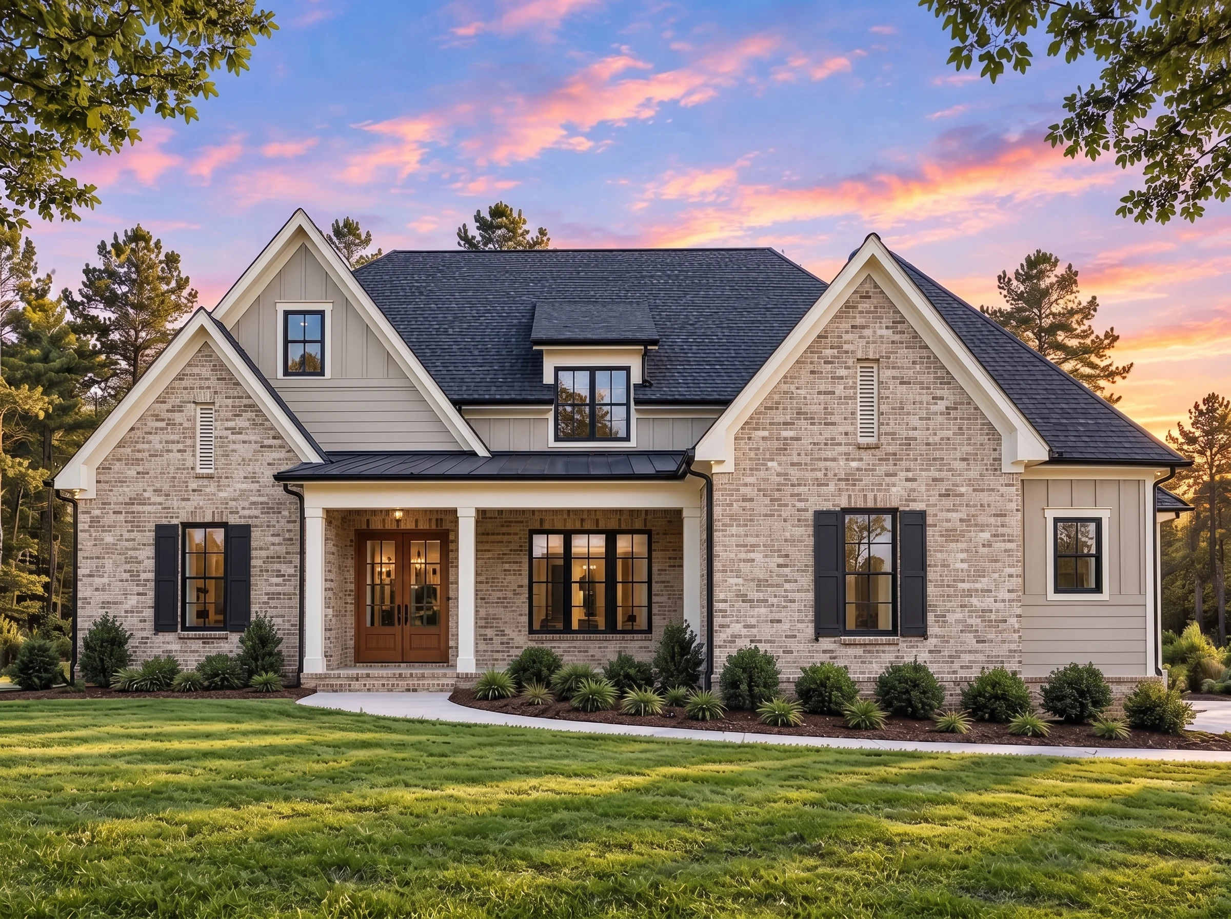 Plan  18-2081 – Mississippi Basin |  New American – 4-Bed, 4.5-Bath, 3,053 SF - Natural Brick, AI-generated exterior concept