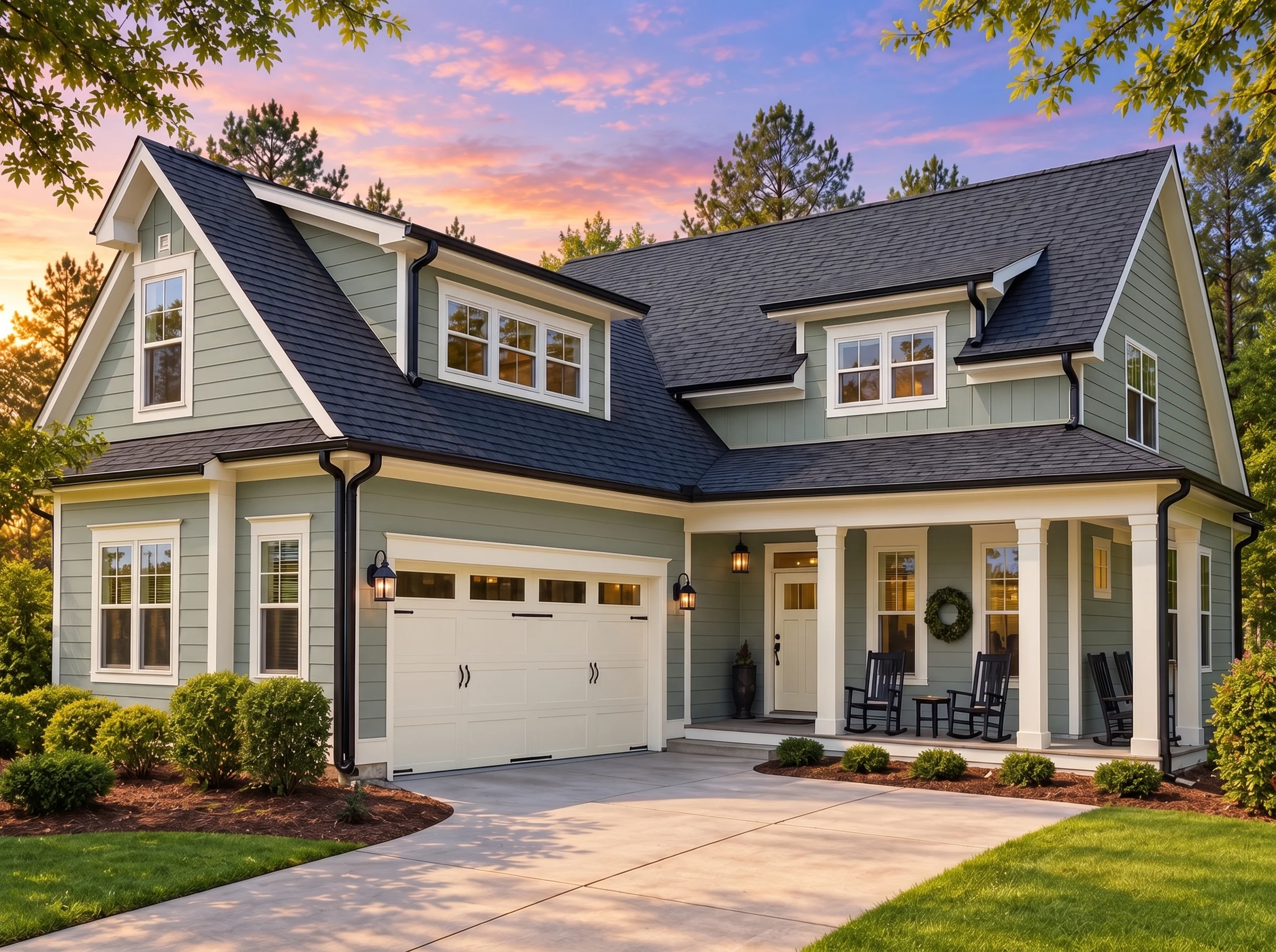 Plan  18-2164 – Aster Garden Manor |  Coastal Traditional – 5-Bed, 2-Bath, 3,426 SF - Muted Sage, AI-generated exterior concept