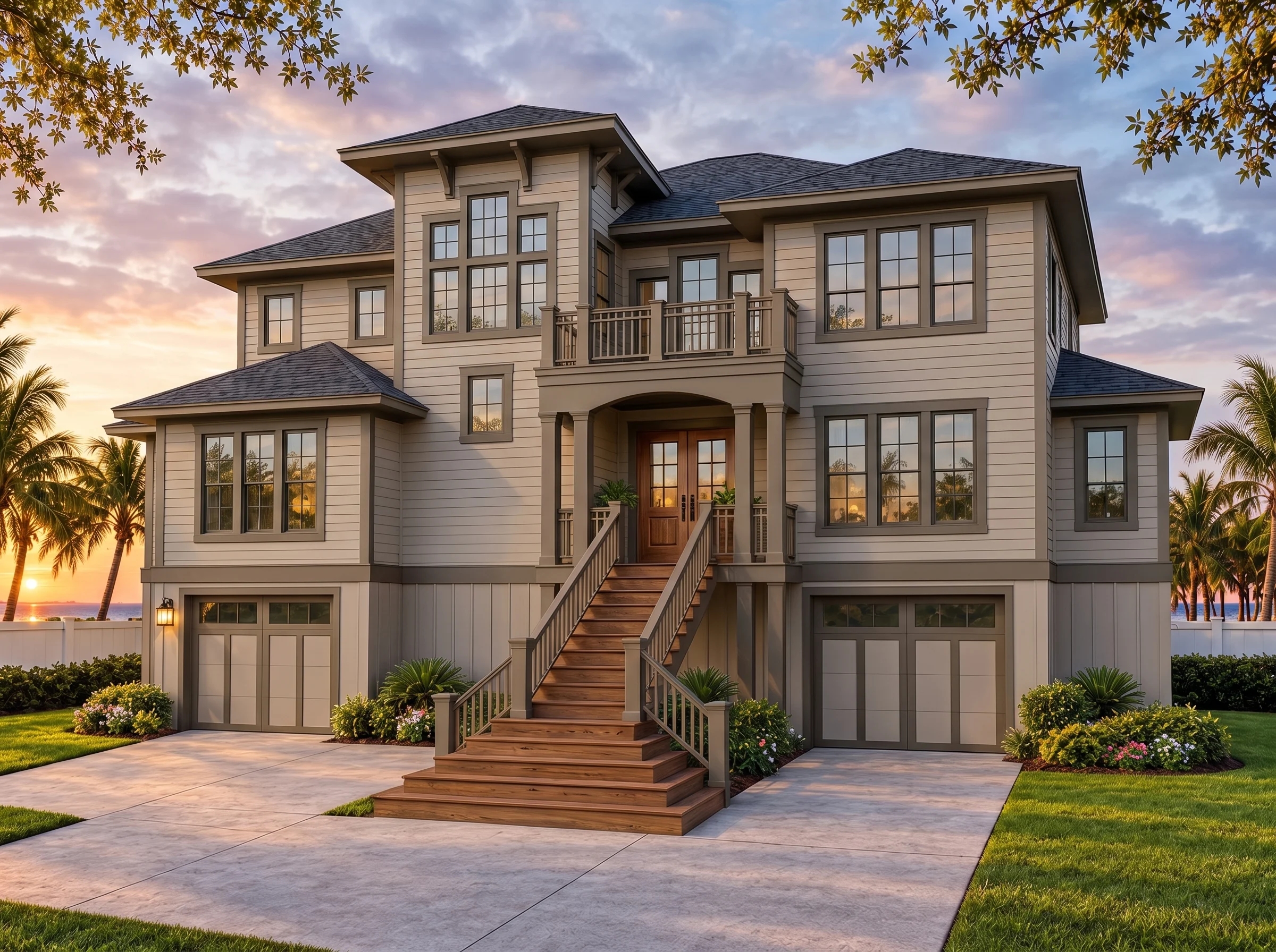 Plan  18-2091 – Oklahoma Frontier |  Coastal – 4-Bed, 5-Bath, 4,980 SF - Mushroom Taupe, AI-generated exterior concept