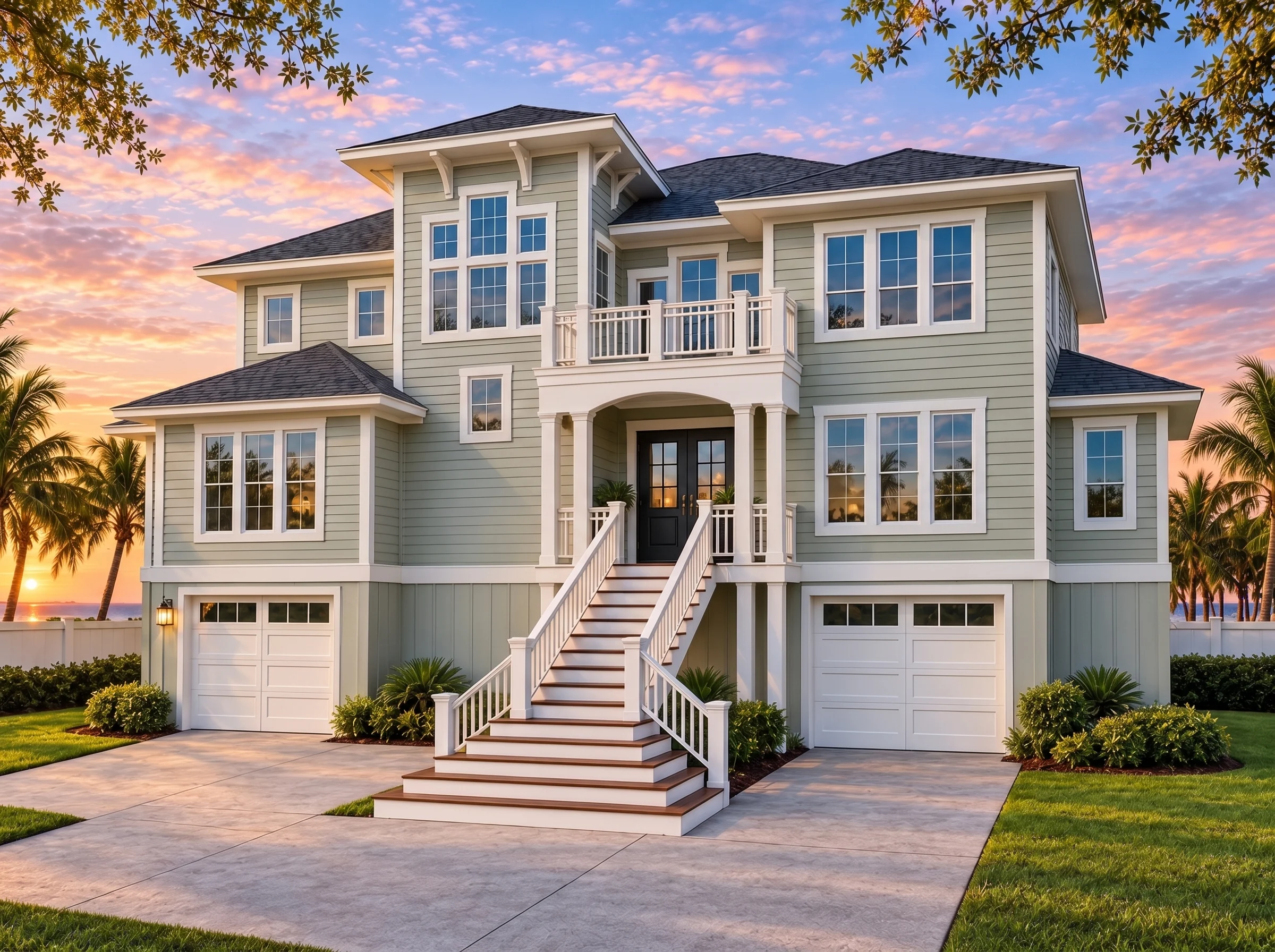 Plan  18-2091 – Oklahoma Frontier |  Coastal – 4-Bed, 5-Bath, 4,980 SF - Muted Sage, AI-generated exterior concept