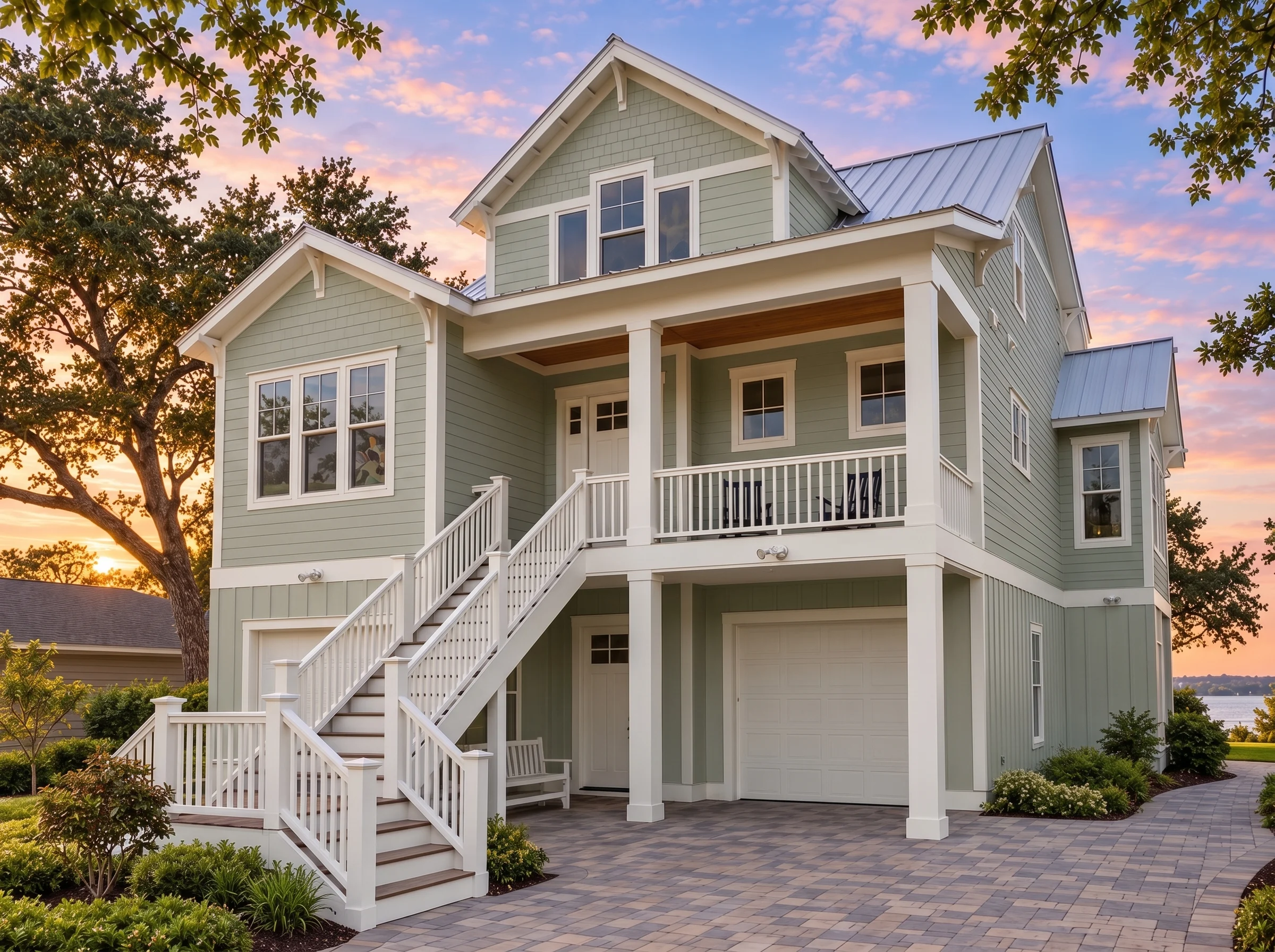 Plan  18-2175 – Auburn Pointe Place  | Coastal – 5-Bed, 3.5-Bath, 2,971 SF - Muted Sage, AI-generated exterior concept