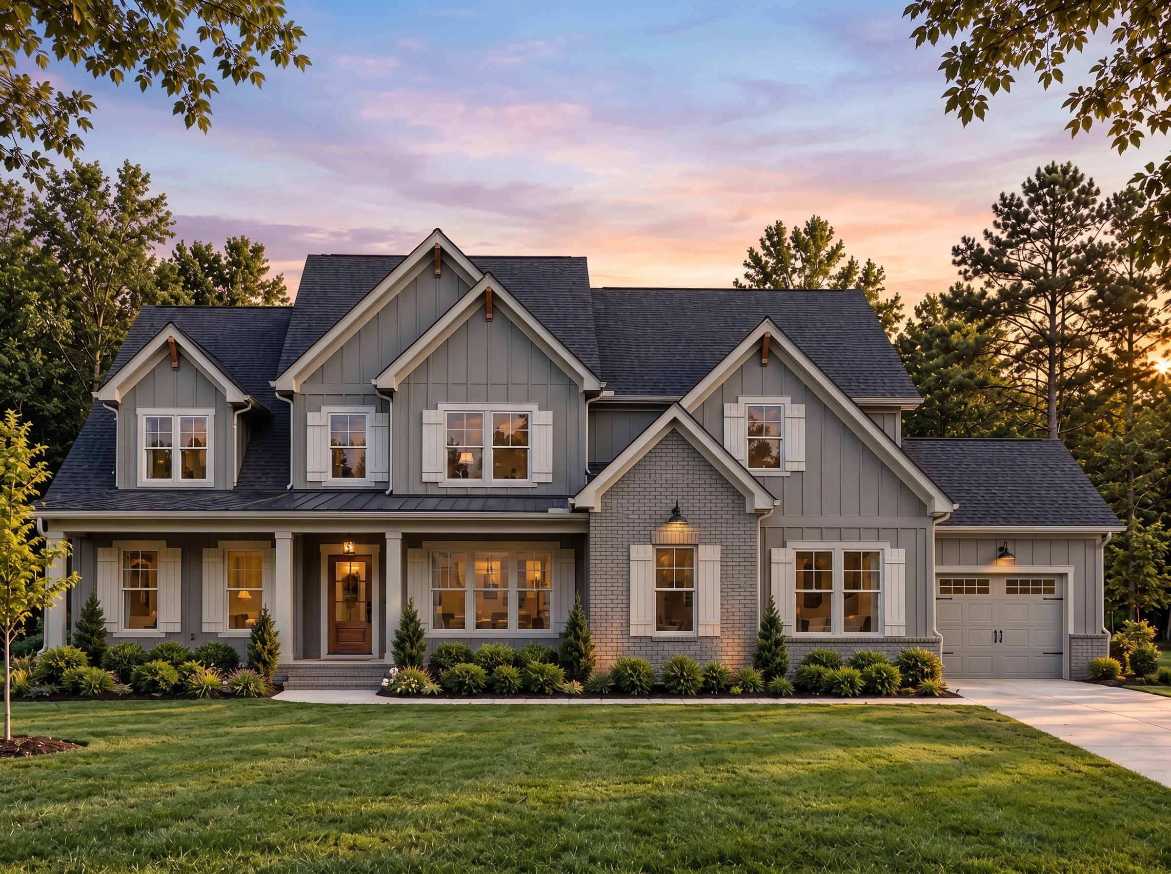 Plan  18-2206 – Aster Grove Estate |  Modern Farmhouse – 5-Bed, 5-Bath, 3,970 SF - Warm Charcoal, AI-generated exterior concept