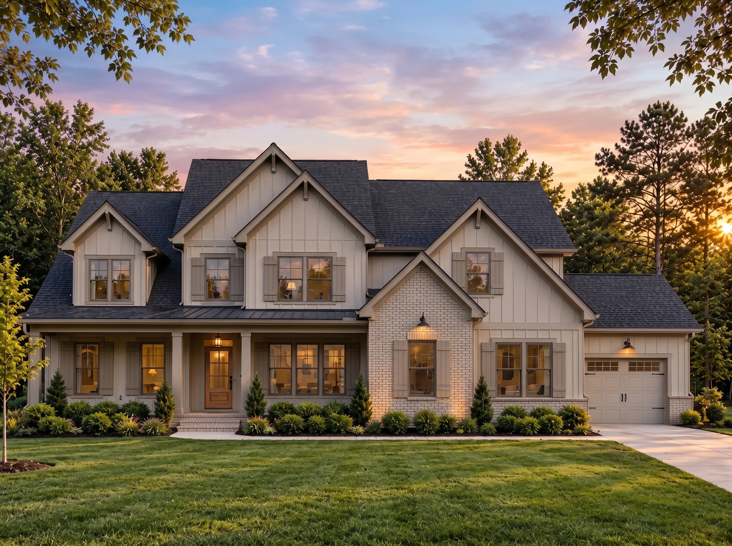 Plan  18-2206 – Aster Grove Estate |  Modern Farmhouse – 5-Bed, 5-Bath, 3,970 SF - Mushroom Taupe, AI-generated exterior concept