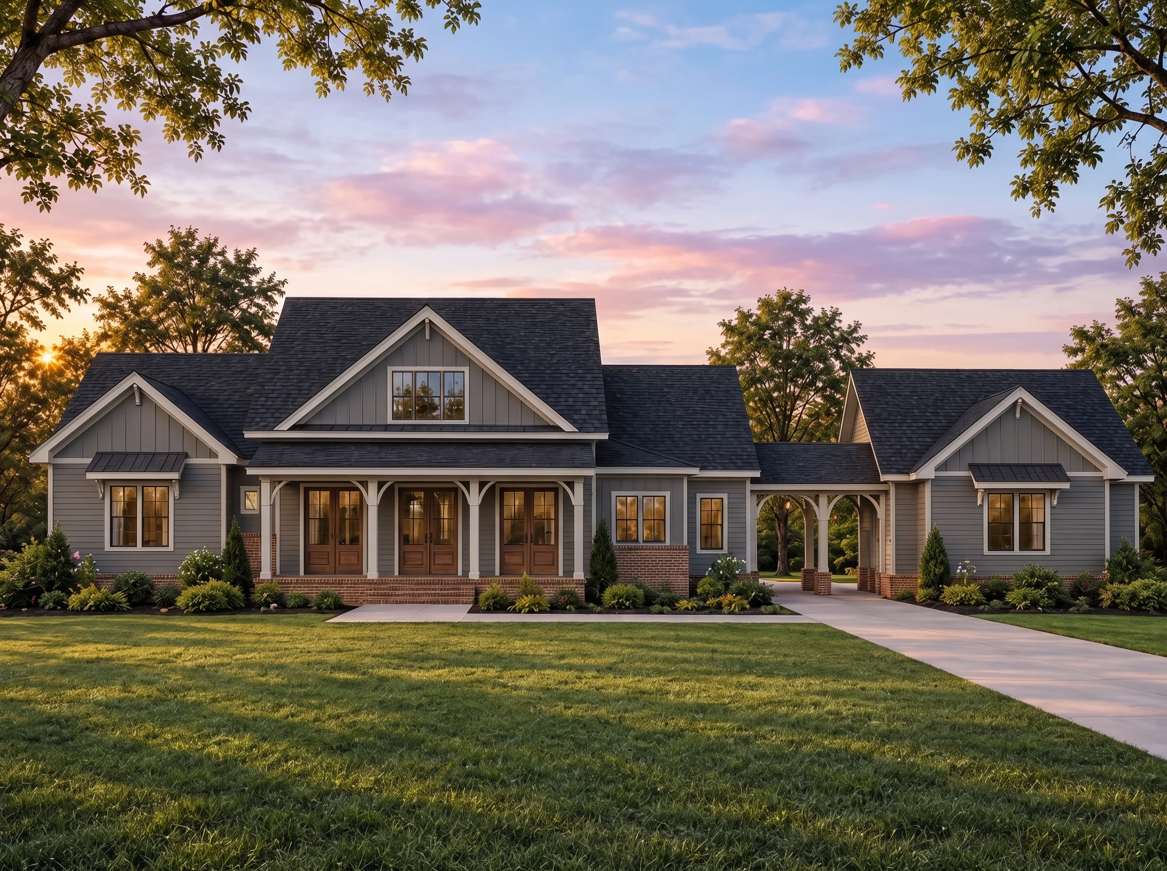 Plan  18-2232 – The Gonzalez Estate  | Southern Farmhouse – 3-Bed, 3.5-Bath, 2,575 SF - Warm Charcoal, AI-generated exterior concept