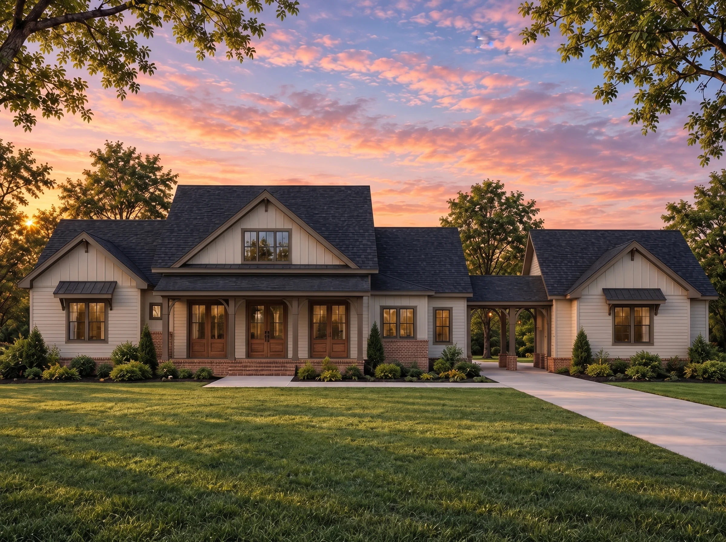 Plan  18-2232 – The Gonzalez Estate  | Southern Farmhouse – 3-Bed, 3.5-Bath, 2,575 SF - Mushroom Taupe, AI-generated exterior concept