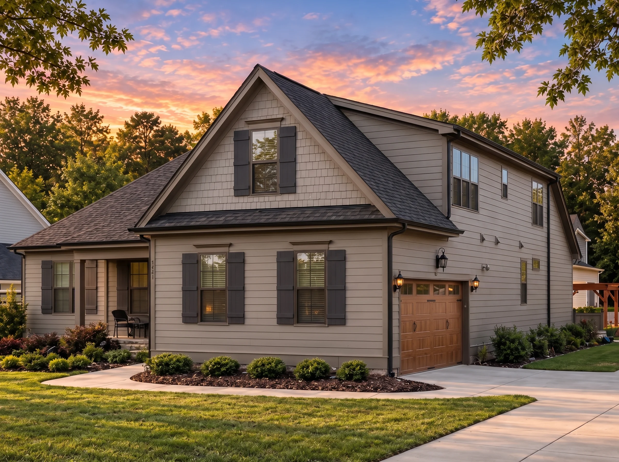 Plan  18-2238 – Aster Cove Hall |  Cape Cod – 4-Bed, 3.5-Bath, 2,643 SF - Mushroom Taupe, AI-generated exterior concept