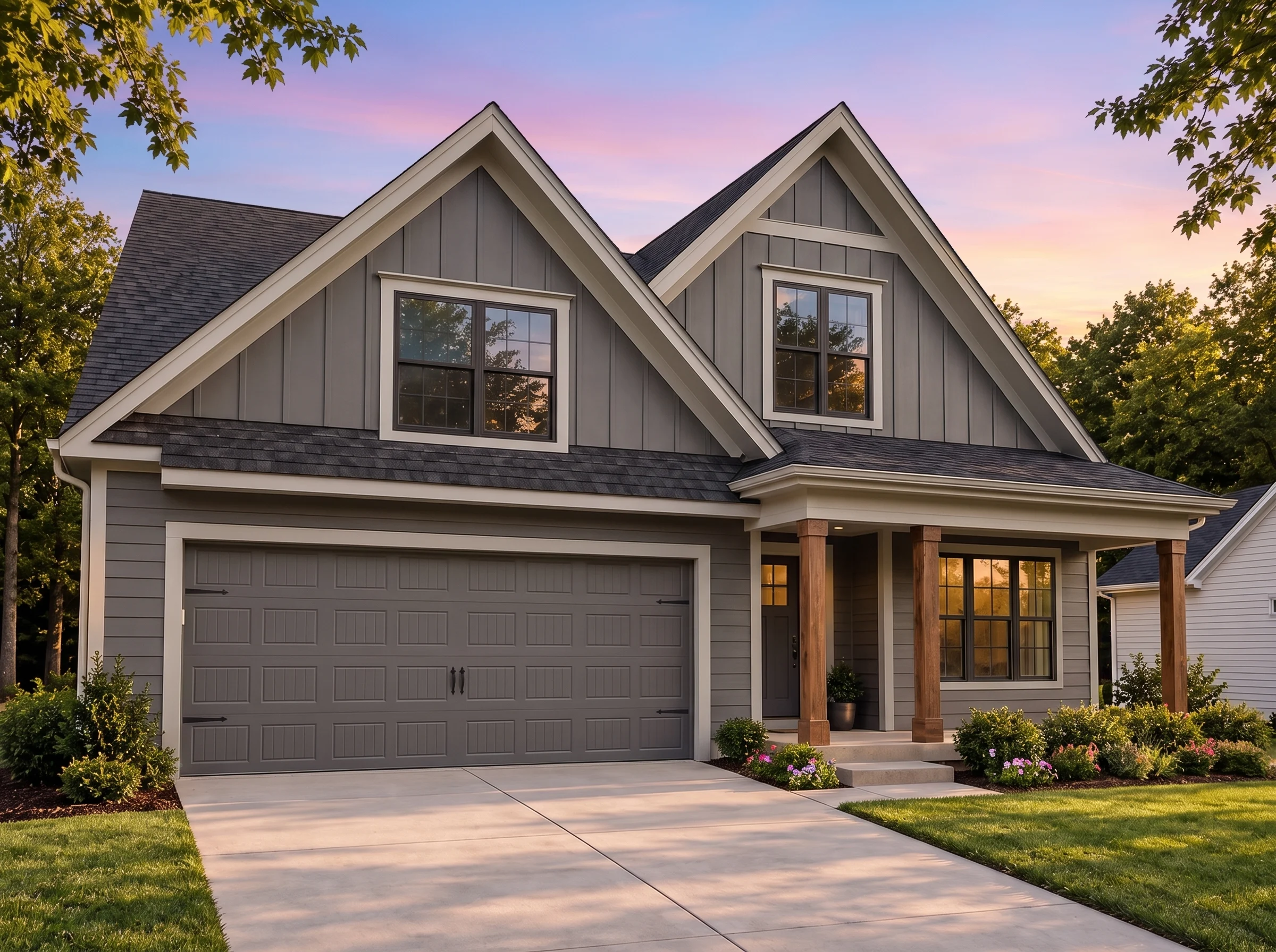 Plan  18-2243 – Aster Bridge Residence  | Modern Farmhouse – 3-Bed, 3-Bath, 2,768 SF - Warm Charcoal, AI-generated exterior concept