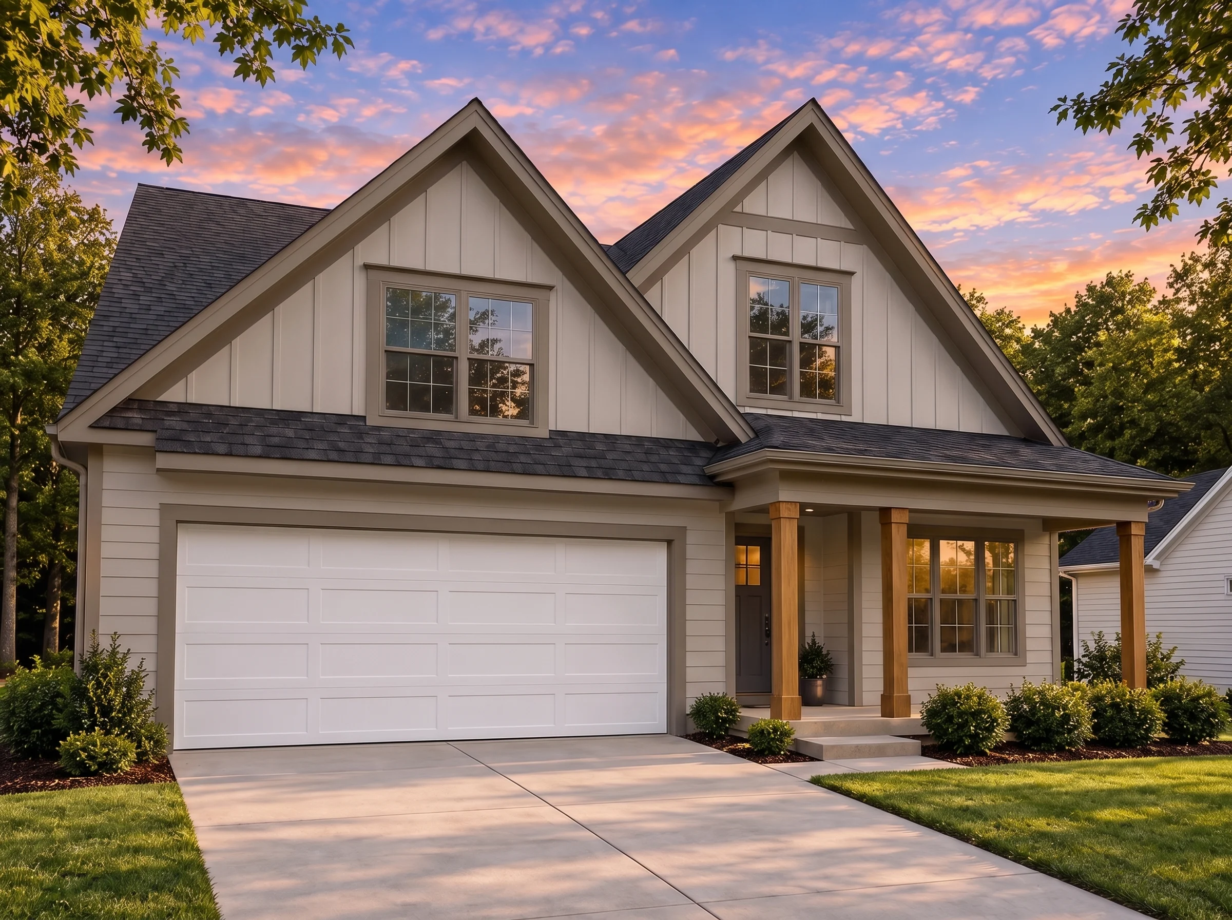 Plan  18-2243 – Aster Bridge Residence  | Modern Farmhouse – 3-Bed, 3-Bath, 2,768 SF - Mushroom Taupe, AI-generated exterior concept