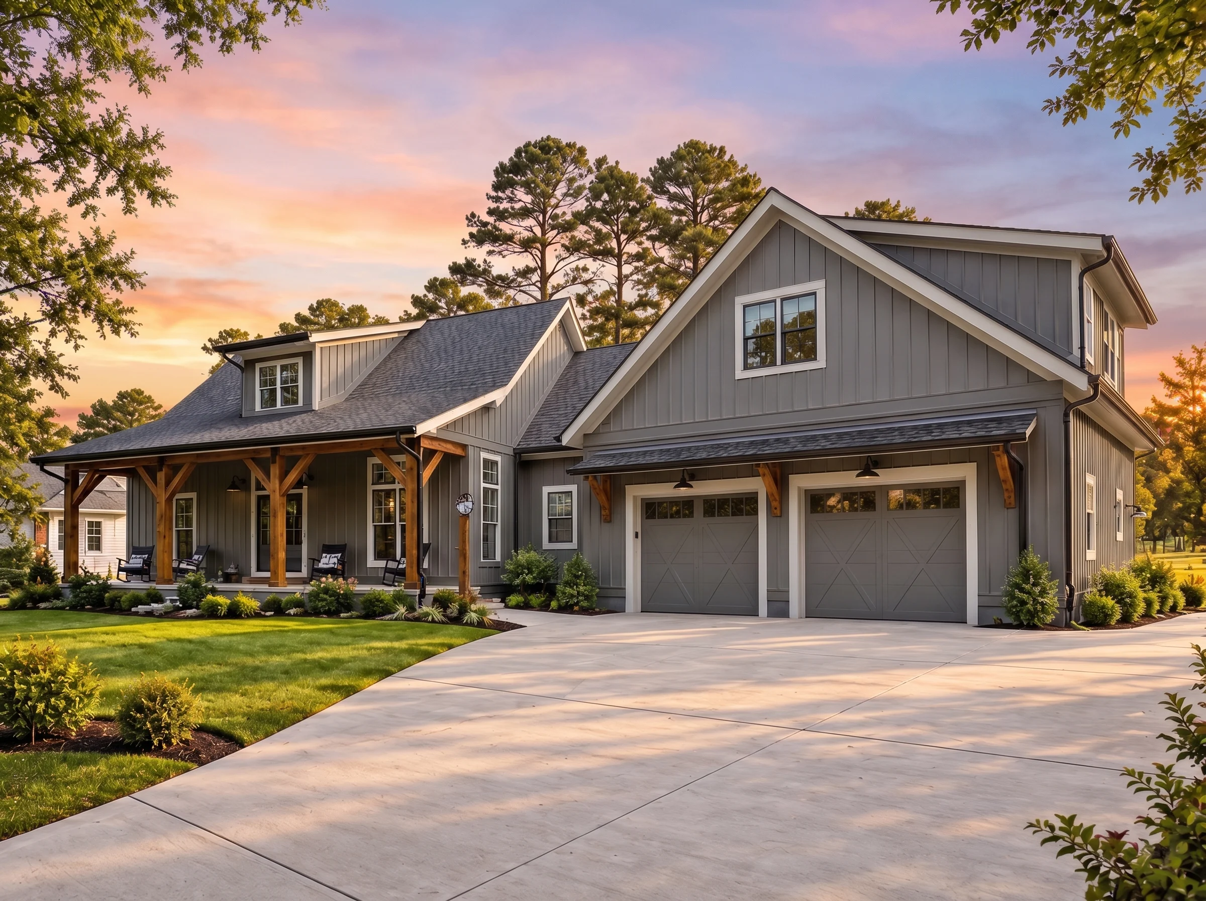 Plan  19-1244 – The Evans Haven |  Modern Farmhouse – 4-Bed, 4-Bath, 3,375 SF - Warm Charcoal, AI-generated exterior concept