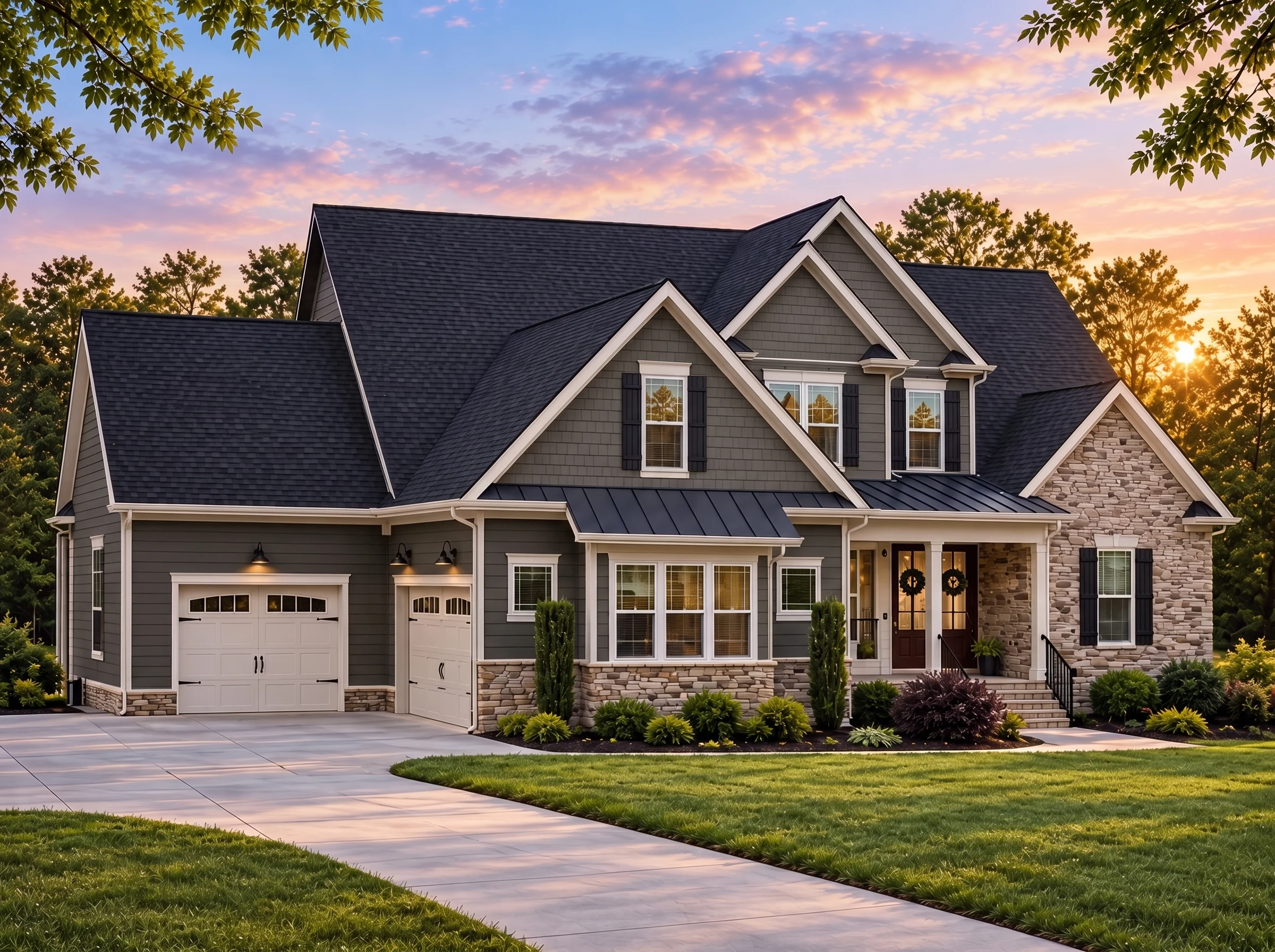 Plan  19-1240 – Dragonfly Villa |  New American – 4-Bed, 3-Bath, 3,334 SF - Warm Charcoal, AI-generated exterior concept
