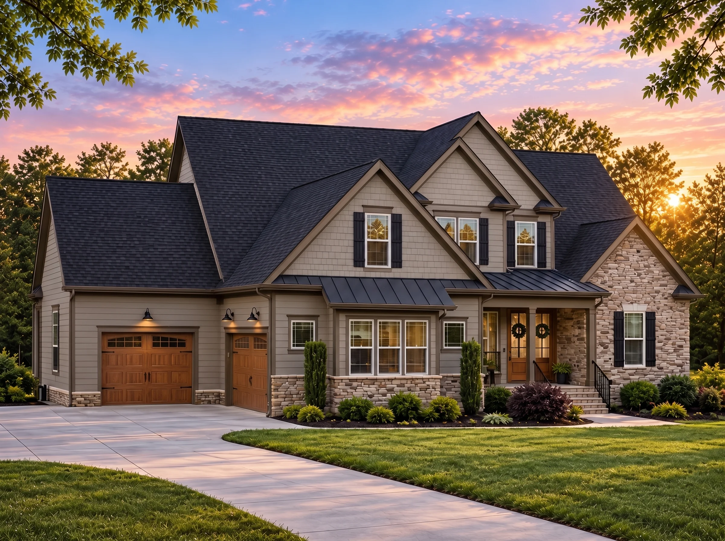 Plan  19-1240 – Dragonfly Villa |  New American – 4-Bed, 3-Bath, 3,334 SF - Mushroom Taupe, AI-generated exterior concept