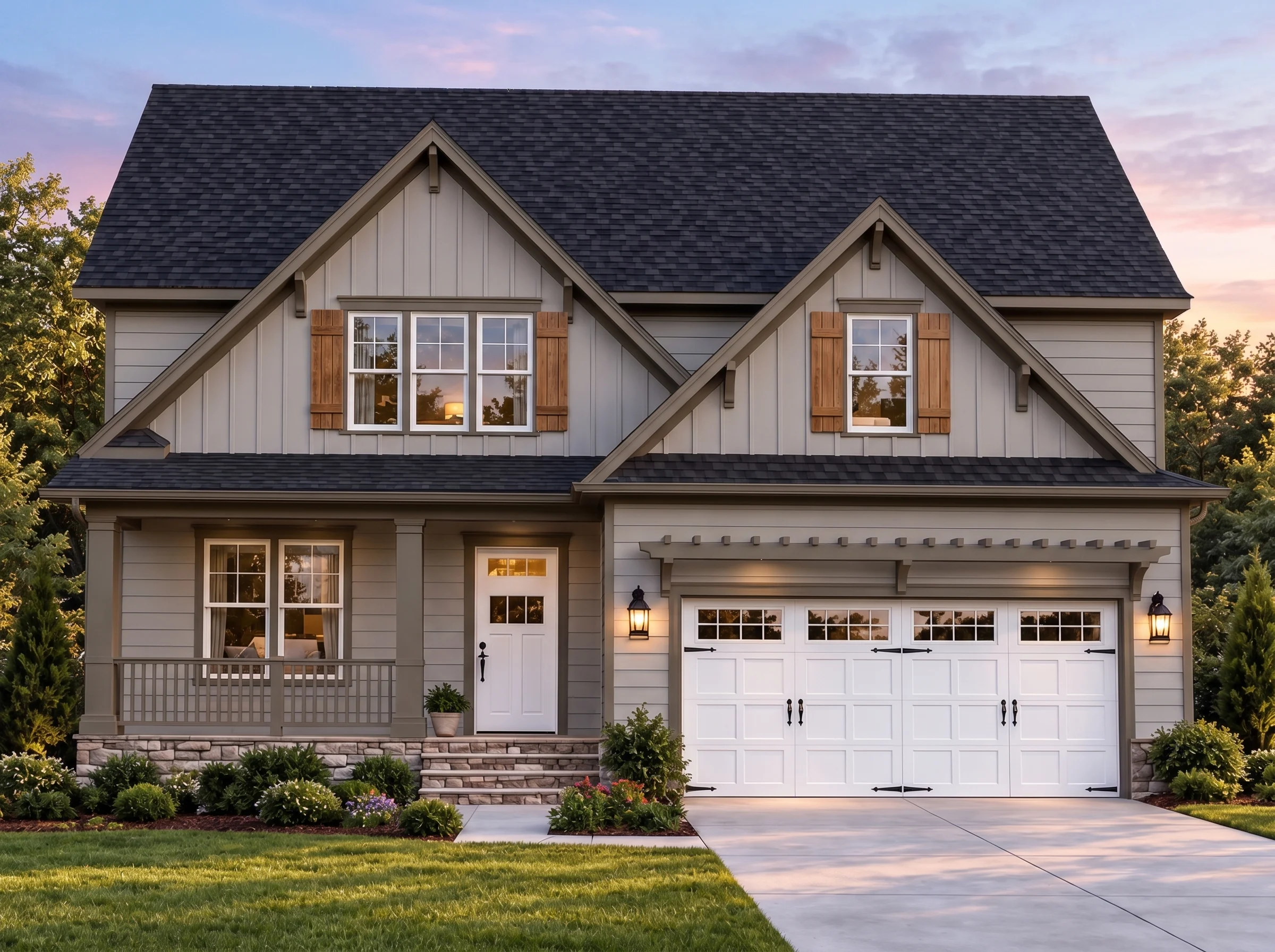 Plan  19-1228 – Pennsylvania Heritage  | Modern Farmhouse – 4-Bed, 3.5-Bath, 2,934 SF - Mushroom Taupe, AI-generated exterior concept